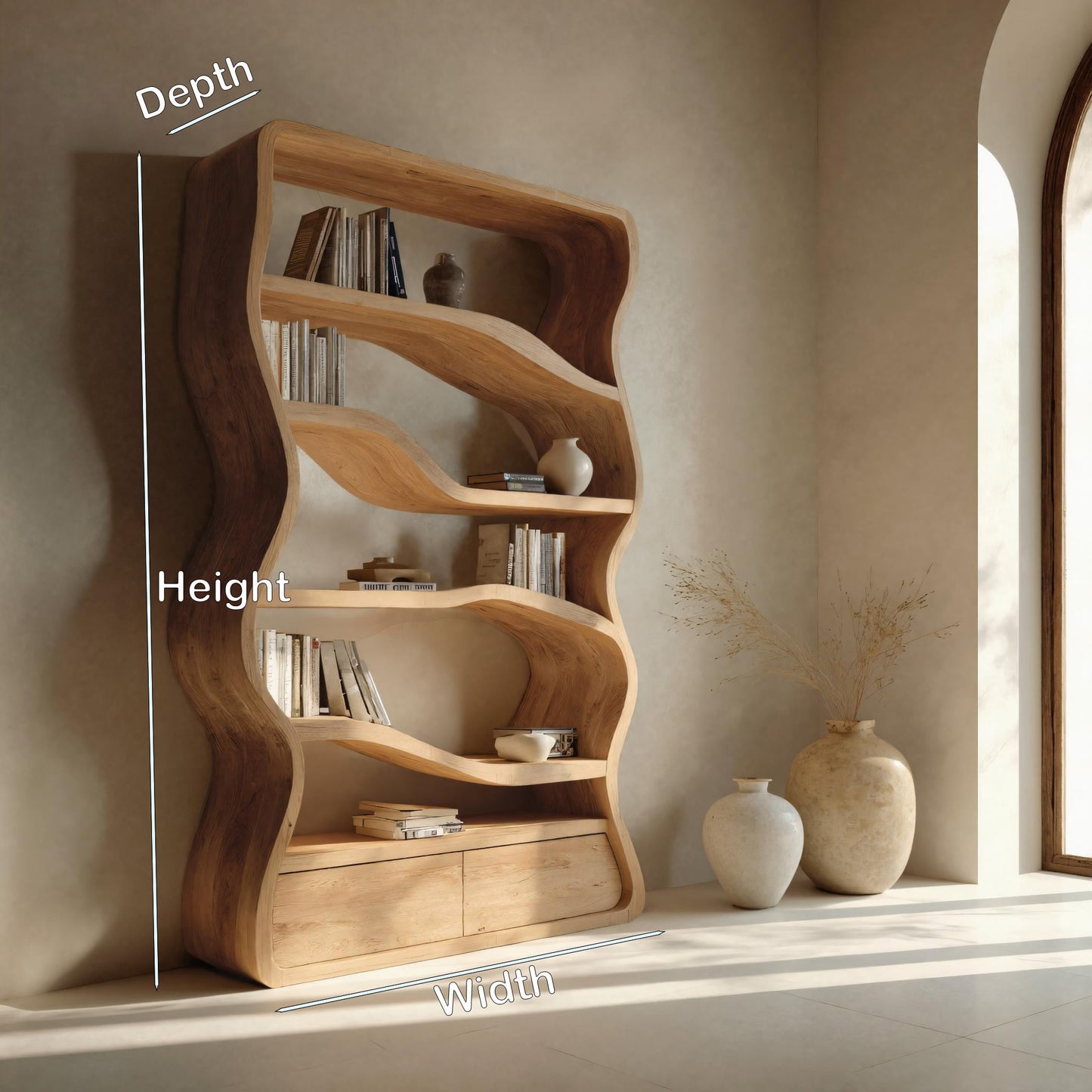 Modern Curved Wooden Bookshelf For Living Room Lynnsnail