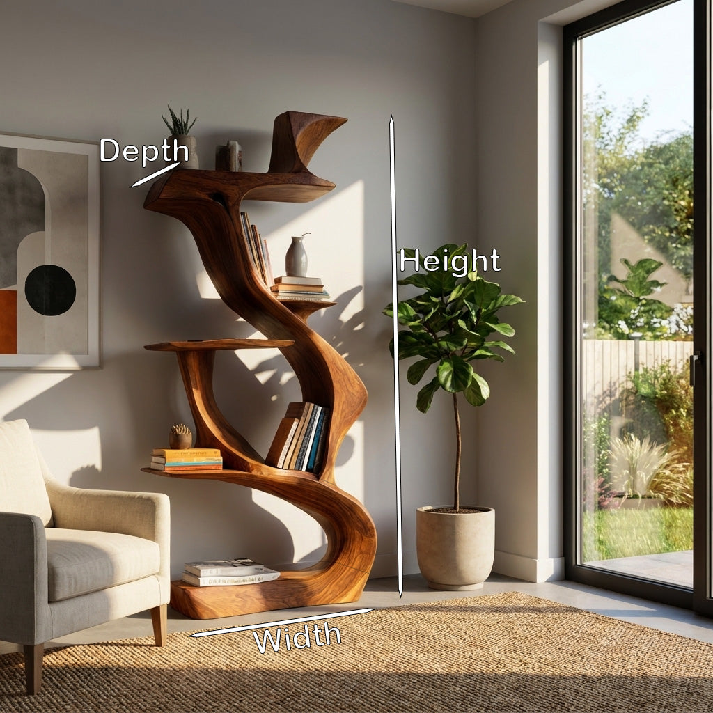 Sculptural Natural Wood Bookshelf For Living Room Lynnsnail