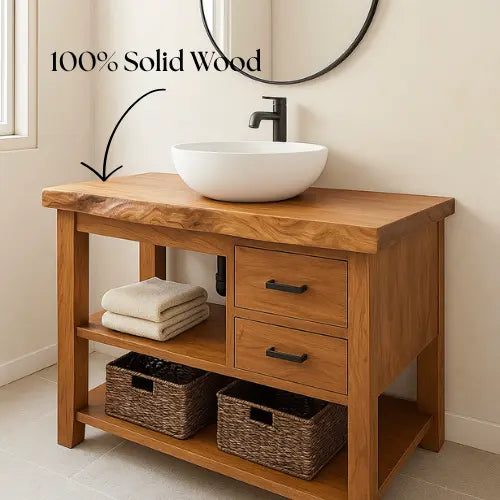 Handcrafted Solid Wood Bathroom Vanity – Live Edge with Drawers & Open Shelf Lynnsnail