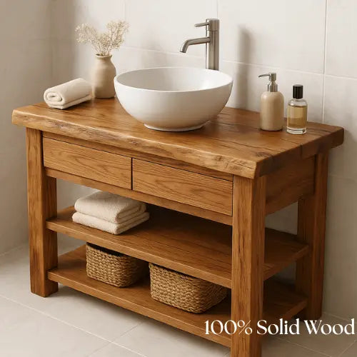 Solid Wood Bathroom Vanity – Handcrafted Live Edge Countertop with Drawers & Open Shelves – Rustic Farmhouse Vanity for Modern Interiors Lynnsnail