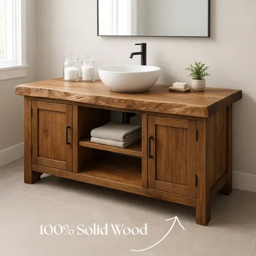 Handcrafted Solid Walnut Bathroom Vanity – Live Edge Wood Countertop with Double Cabinets & Open Shelf – Modern Rustic Design for Warm Spaces Lynnsnail