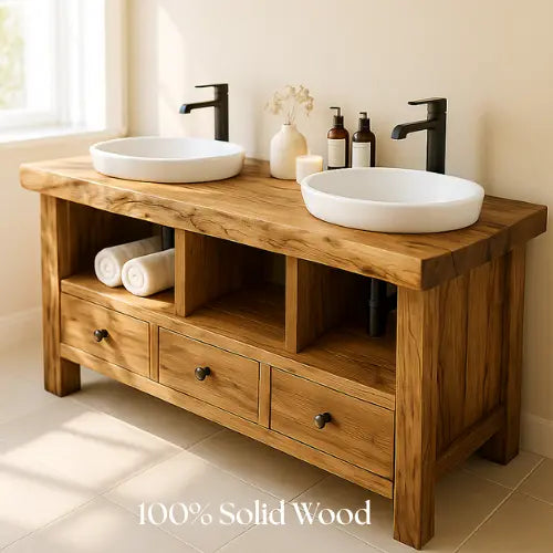 Handcrafted Solid Wood Double Sink Bathroom Vanity – Rustic Live Edge Countertop with 3 Drawers & Open Shelves – Farmhouse Design Lynnsnail
