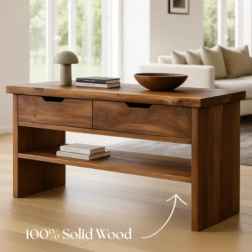 Handcrafted Solid Wood Console Table – Walnut Finish with Drawers and Open Shelf Lynnsnail