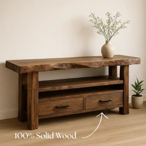 Handcrafted Solid Wood Live Edge Console Table – Rustic Walnut Design with Drawers and Open Shelf Lynnsnail
