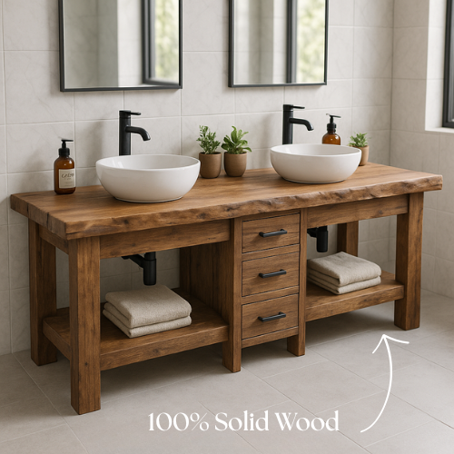 Handcrafted Solid Wood Double Bathroom Vanity – Live Edge Top with 3 Drawers & Open Shelves Lynnsnail