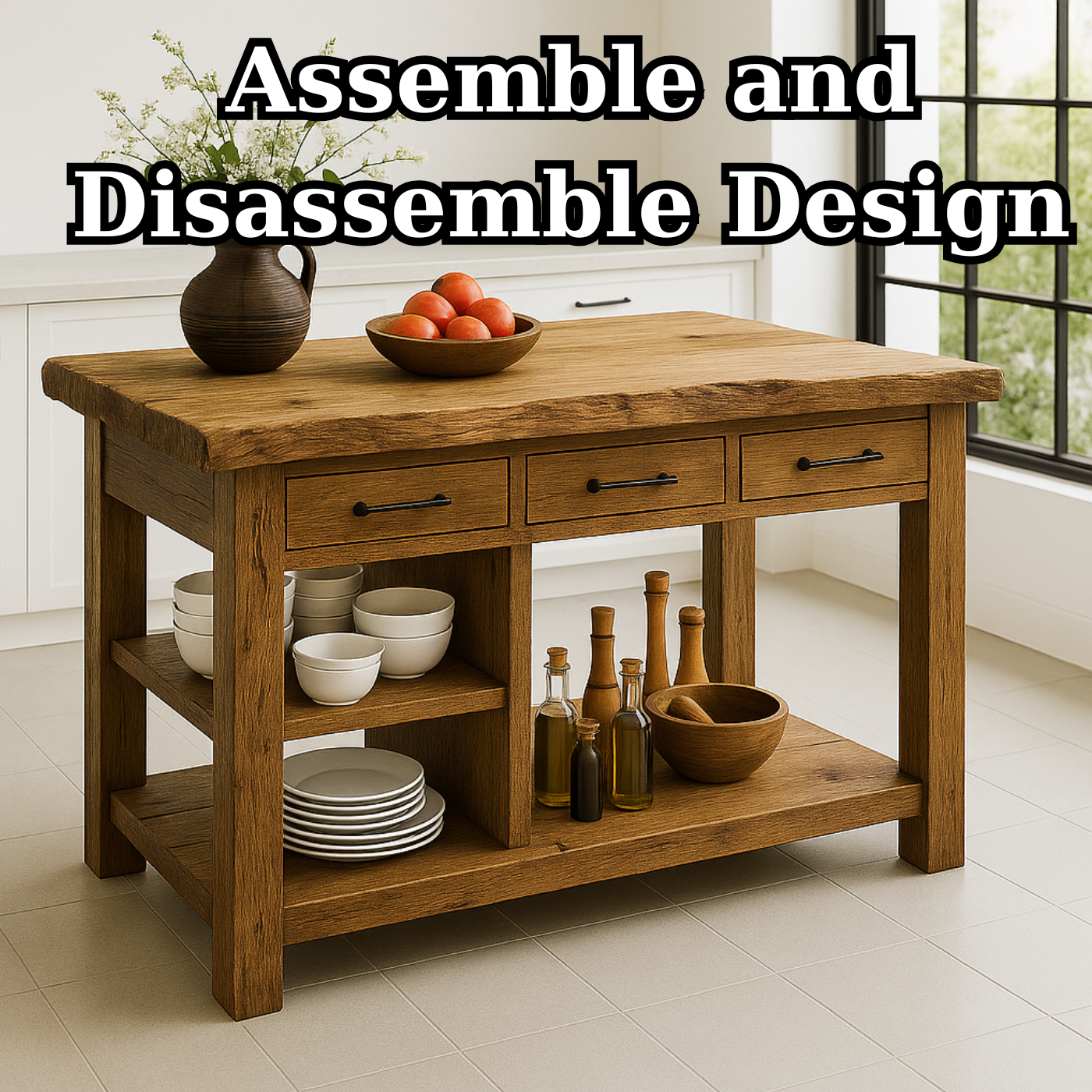Handcrafted Solid Wood Kitchen Island - Live-Edge Top, 3 Drawers & Shelves Lynnsnail