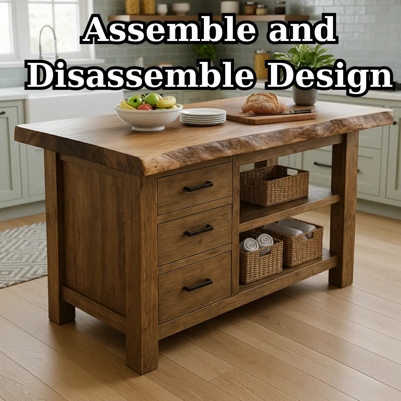 Handcrafted Solid Wood Kitchen Island - Live Edge, Drawers & Open Shelves Lynnsnail