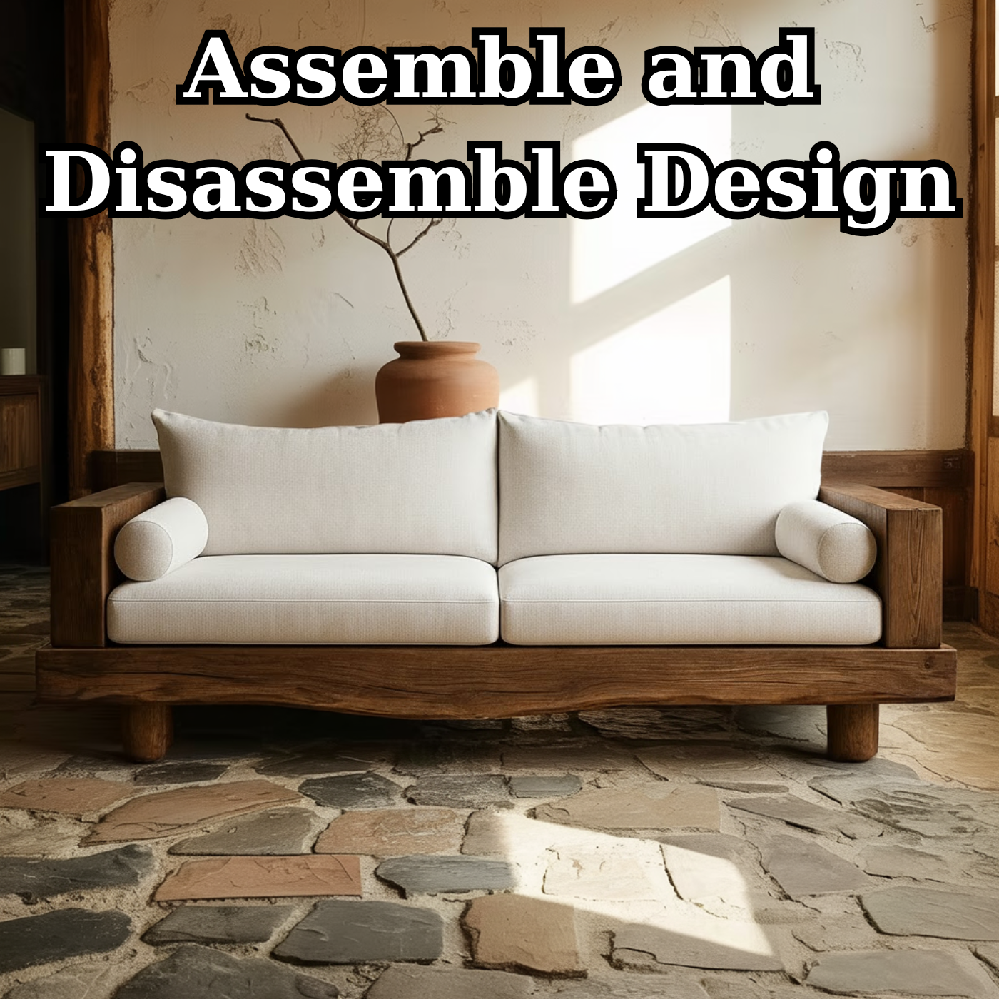 Handcrafted Solid Wood Sofa – Rustic Live Edge Wood Couch with Minimalist Linen Cushions Lynnsnail