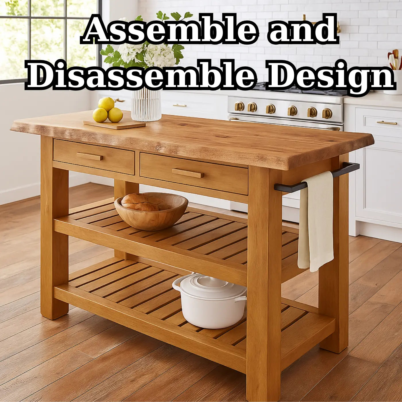 Handcrafted Solid Wood Kitchen Island - Slatted Shelves & Towel Bar Lynnsnail
