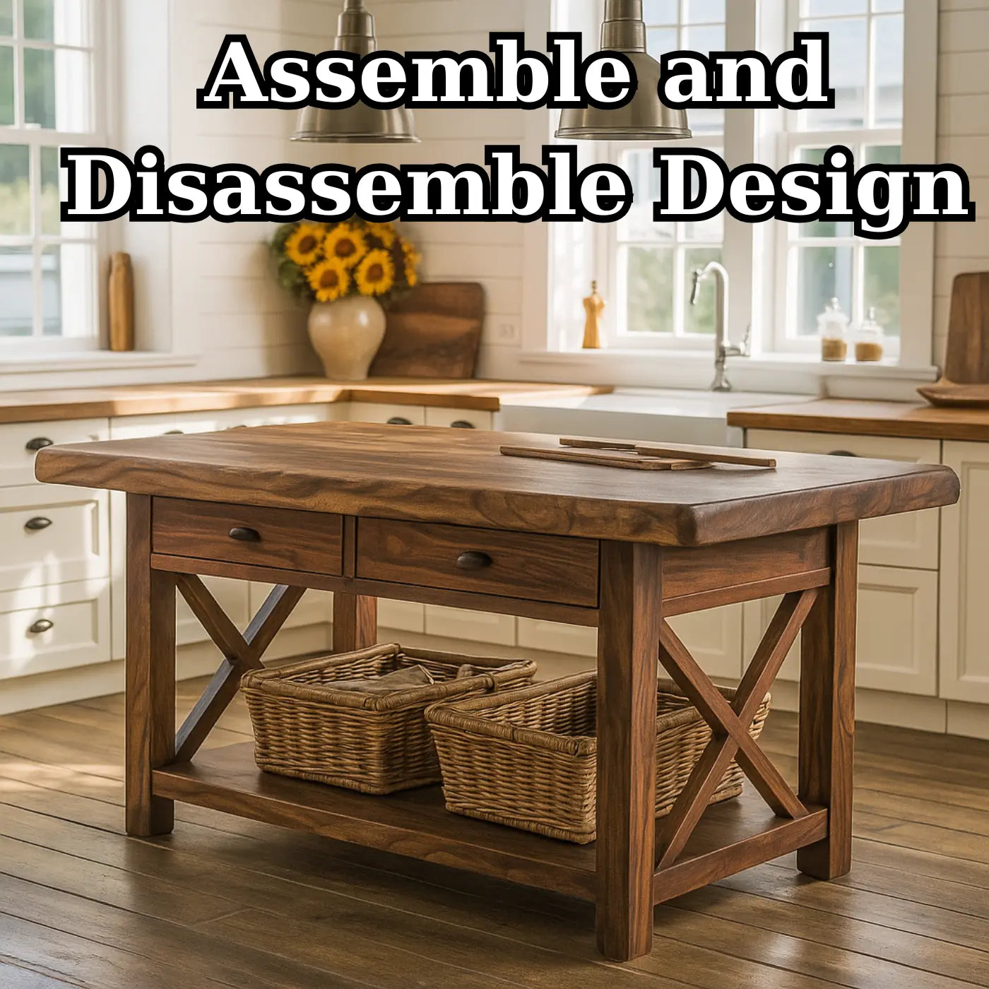 Handcrafted Solid Wood Kitchen Island - X-Base Design & Dark Finish Lynnsnail