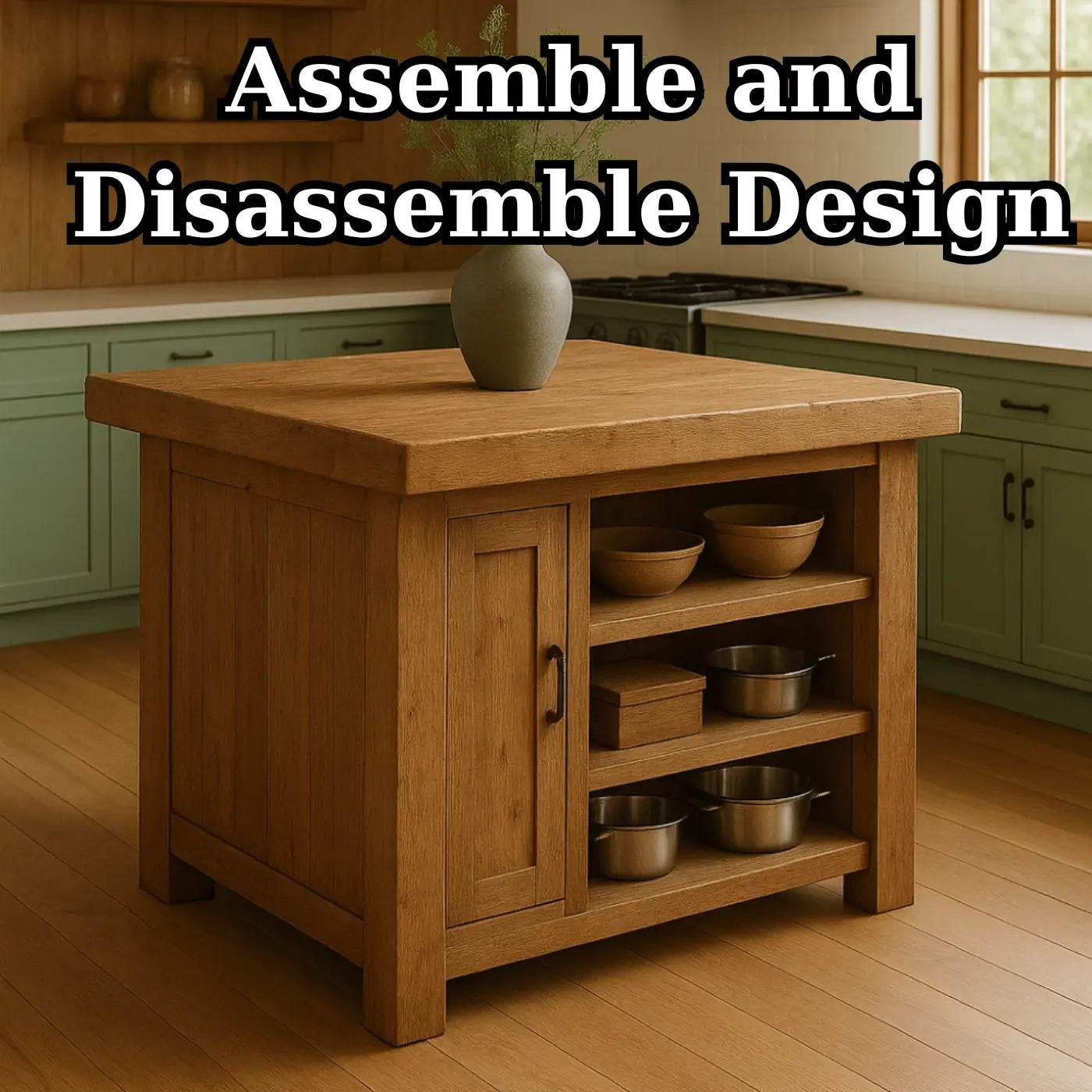 Handcrafted Solid Wood Kitchen Island - Square Shape, Cabinet & Shelves Lynnsnail