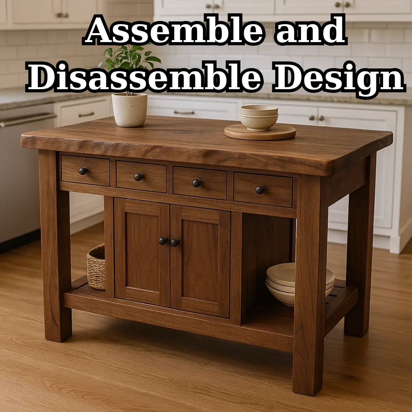 Handcrafted Solid Wood Kitchen Island - 4 Drawers & Cabinet Storage Lynnsnail