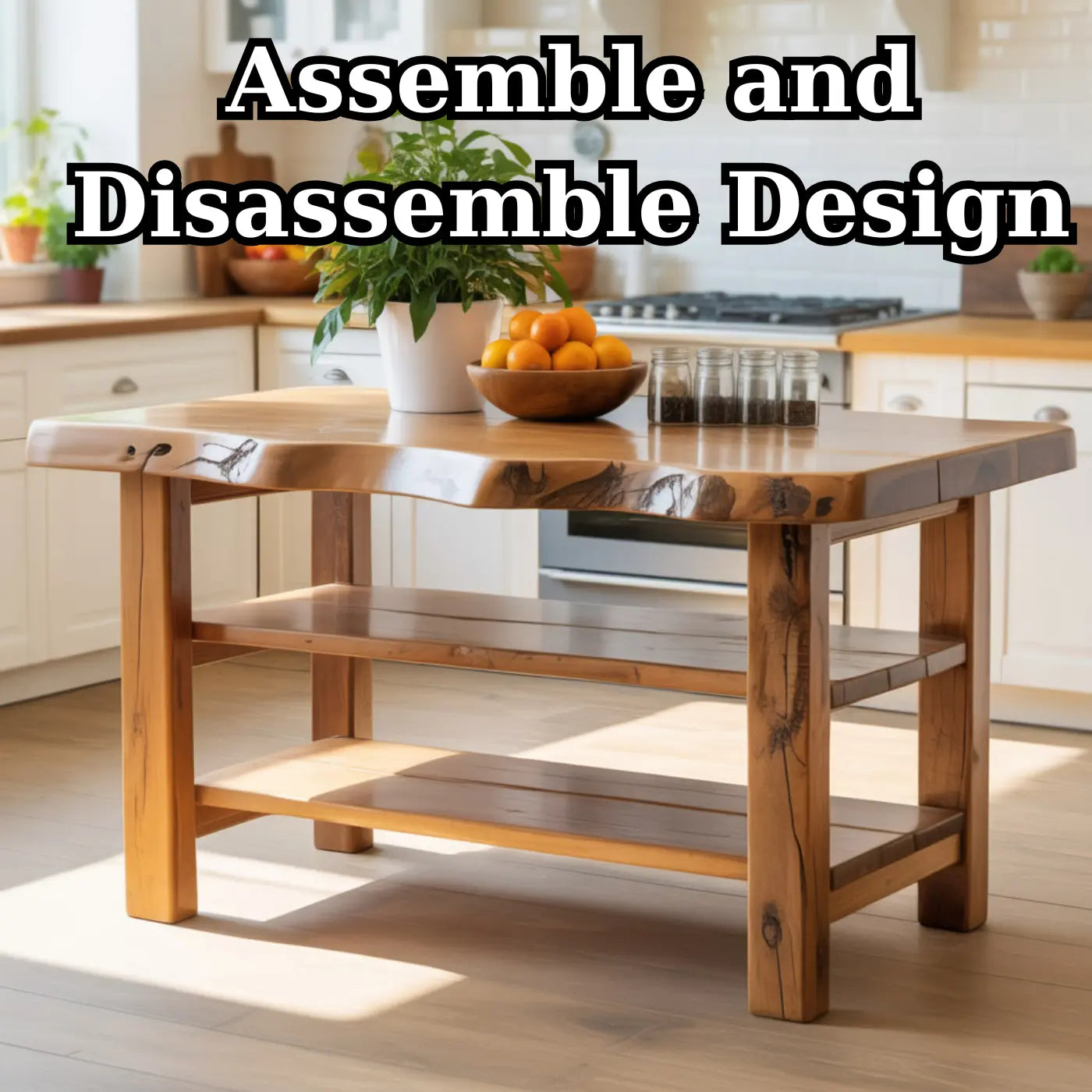 Handcrafted Solid Wood Kitchen Island - Natural Live-Edge Top & Open Shelving Lynnsnail