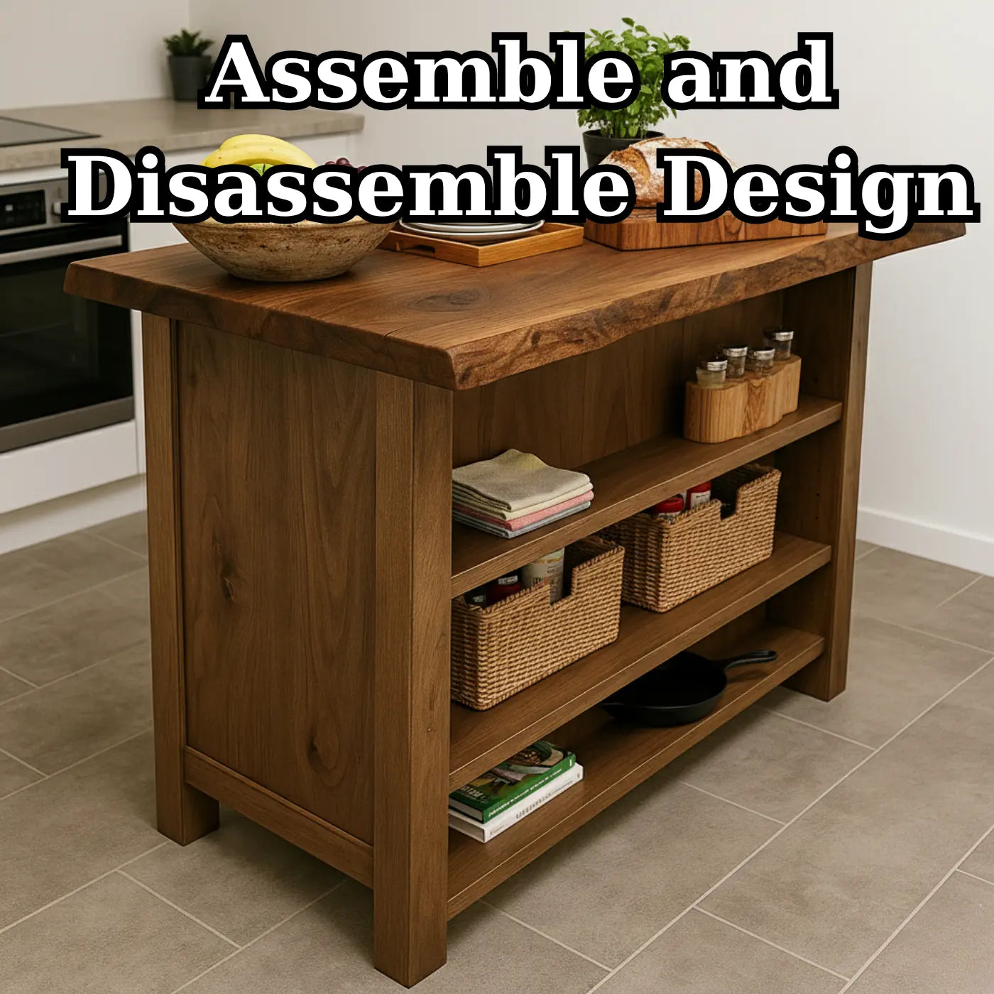 Handcrafted Solid Wood Kitchen Island - Rustic Live Edge & Open Shelves Lynnsnail