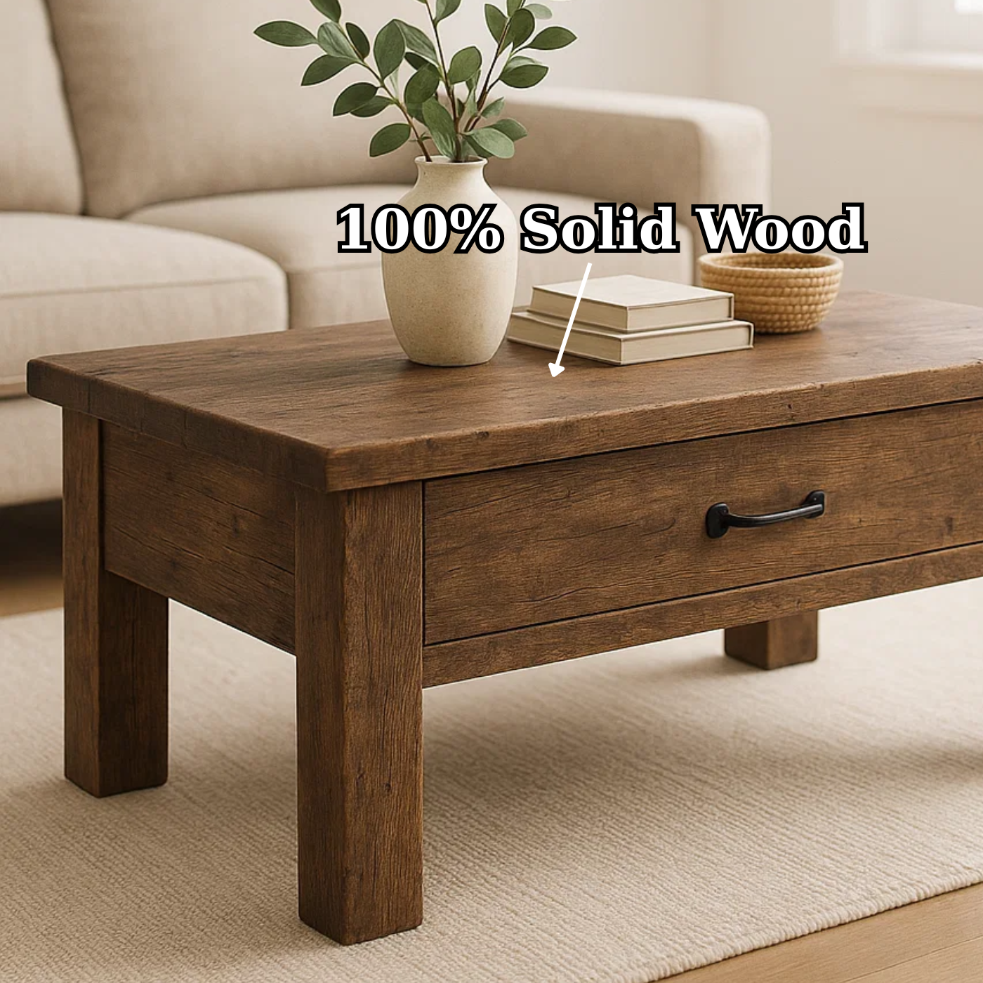 Handcrafted Solid Wood Coffee Table – Rustic Modern Storage with Single Drawer Lynnsnail