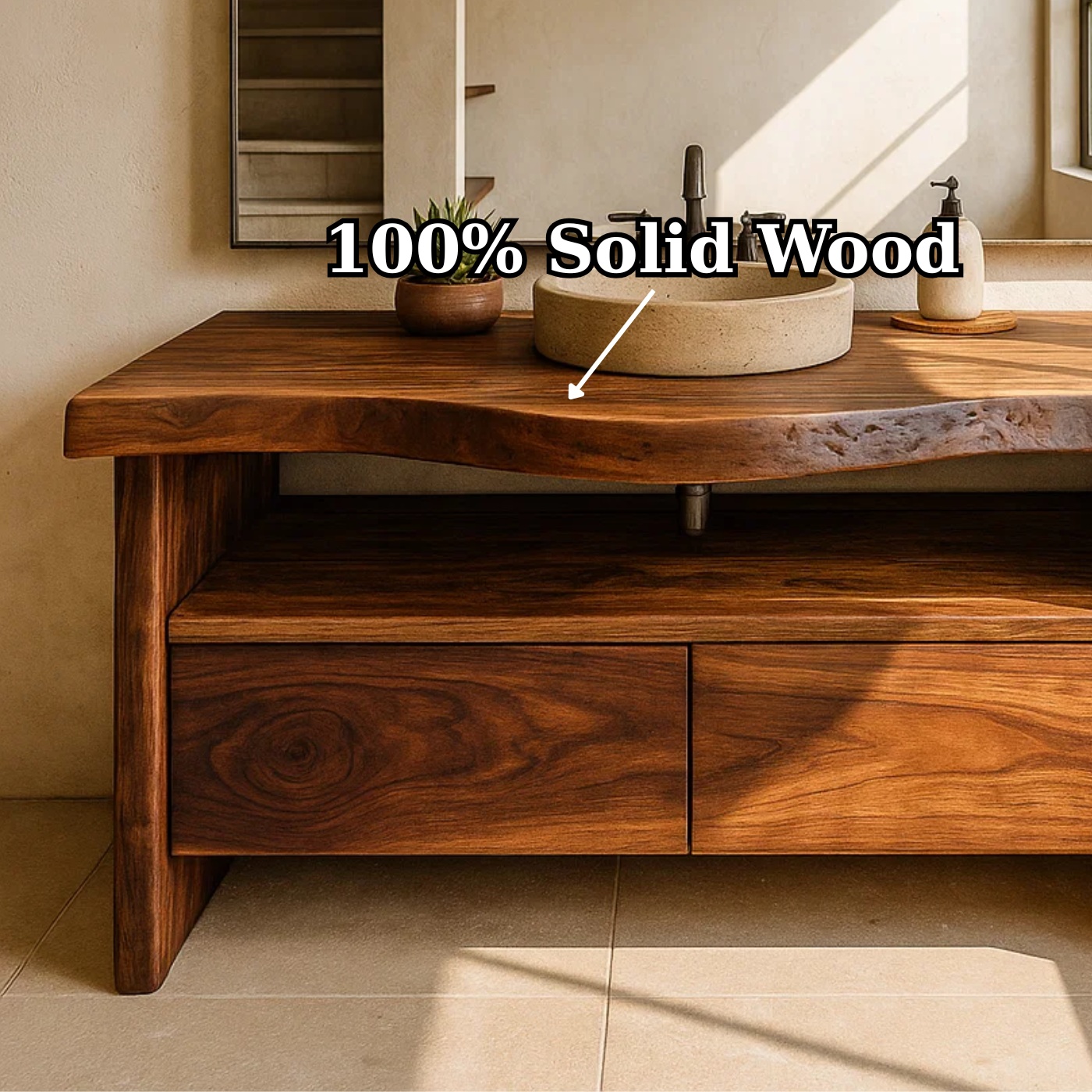 Handcrafted Solid Wood Bathroom Vanity with Live-Edge Walnut Top and Modern Storage Drawers Lynnsnail
