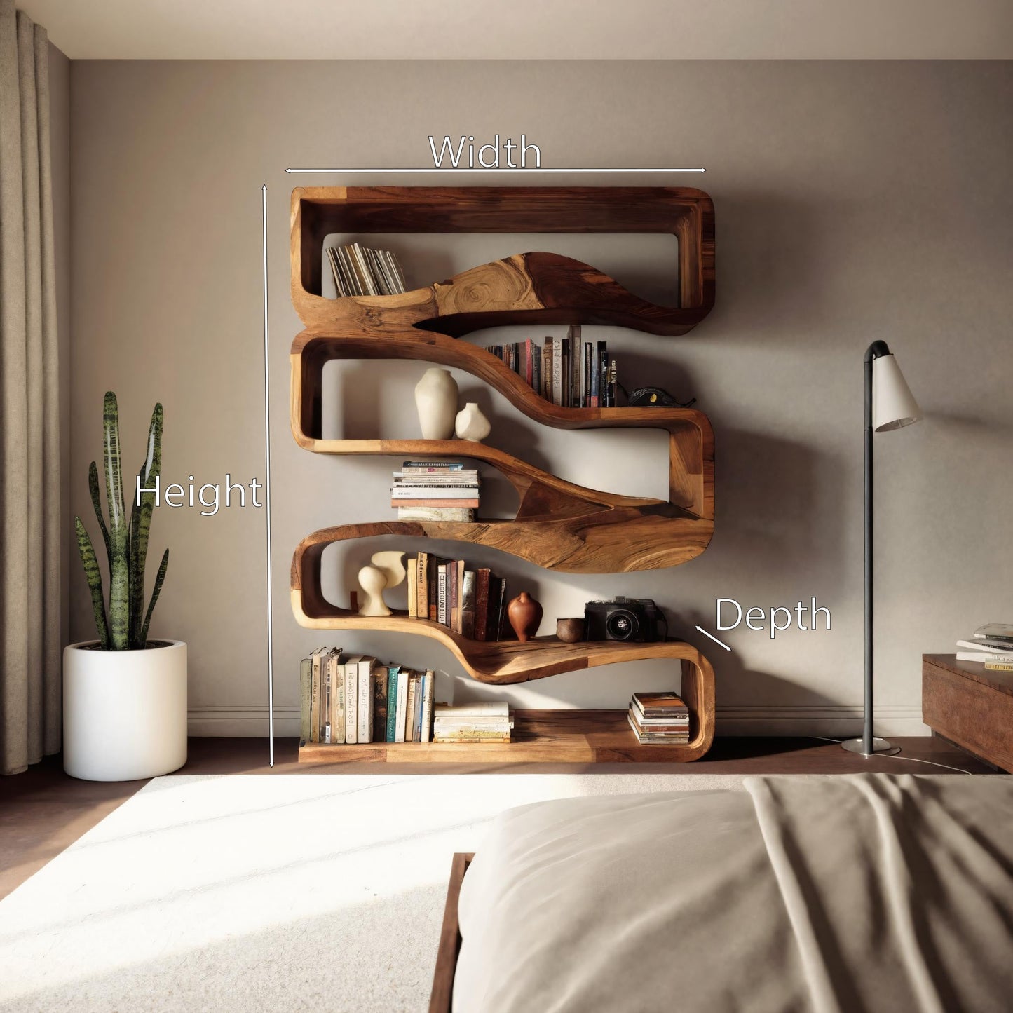 Modern Curved Bookshelf With Flowing Design For Bedroom Lynnsnail