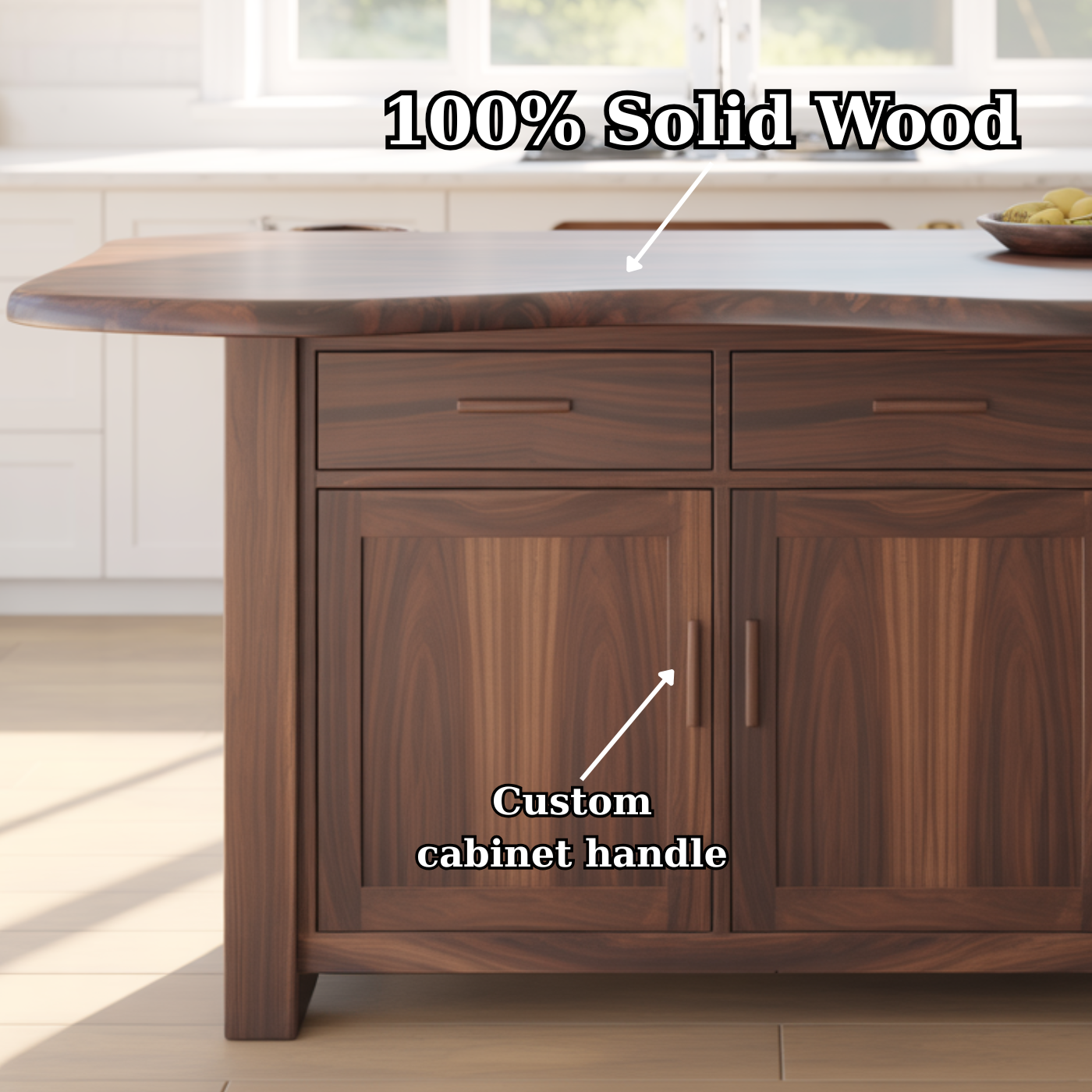 Handcrafted Solid Wood Kitchen Island with Live-Edge Curved Top and Spacious Storage Lynnsnail