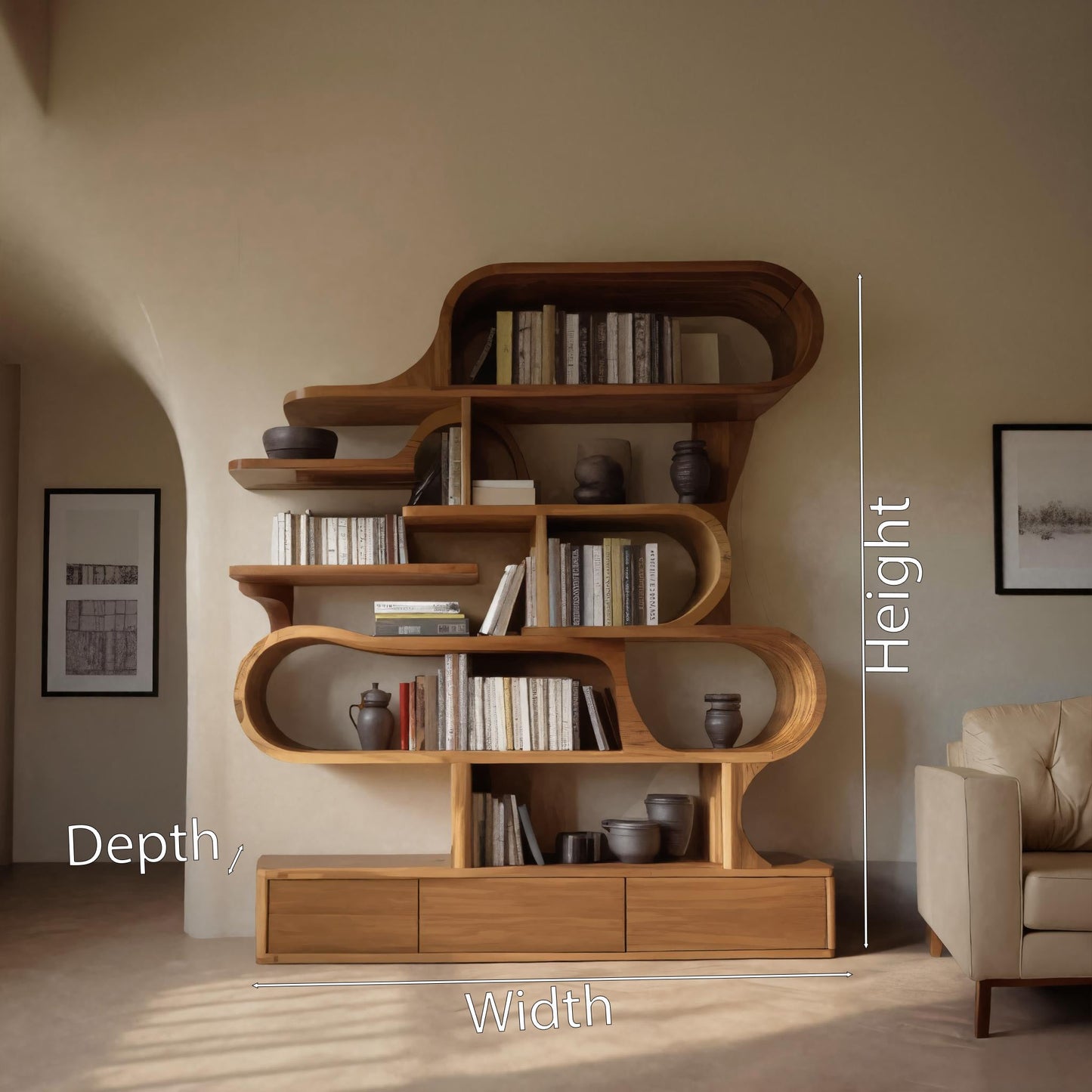 Modern Sculptural Bookshelf With Curved Design For Living Room Or Office Lynnsnail