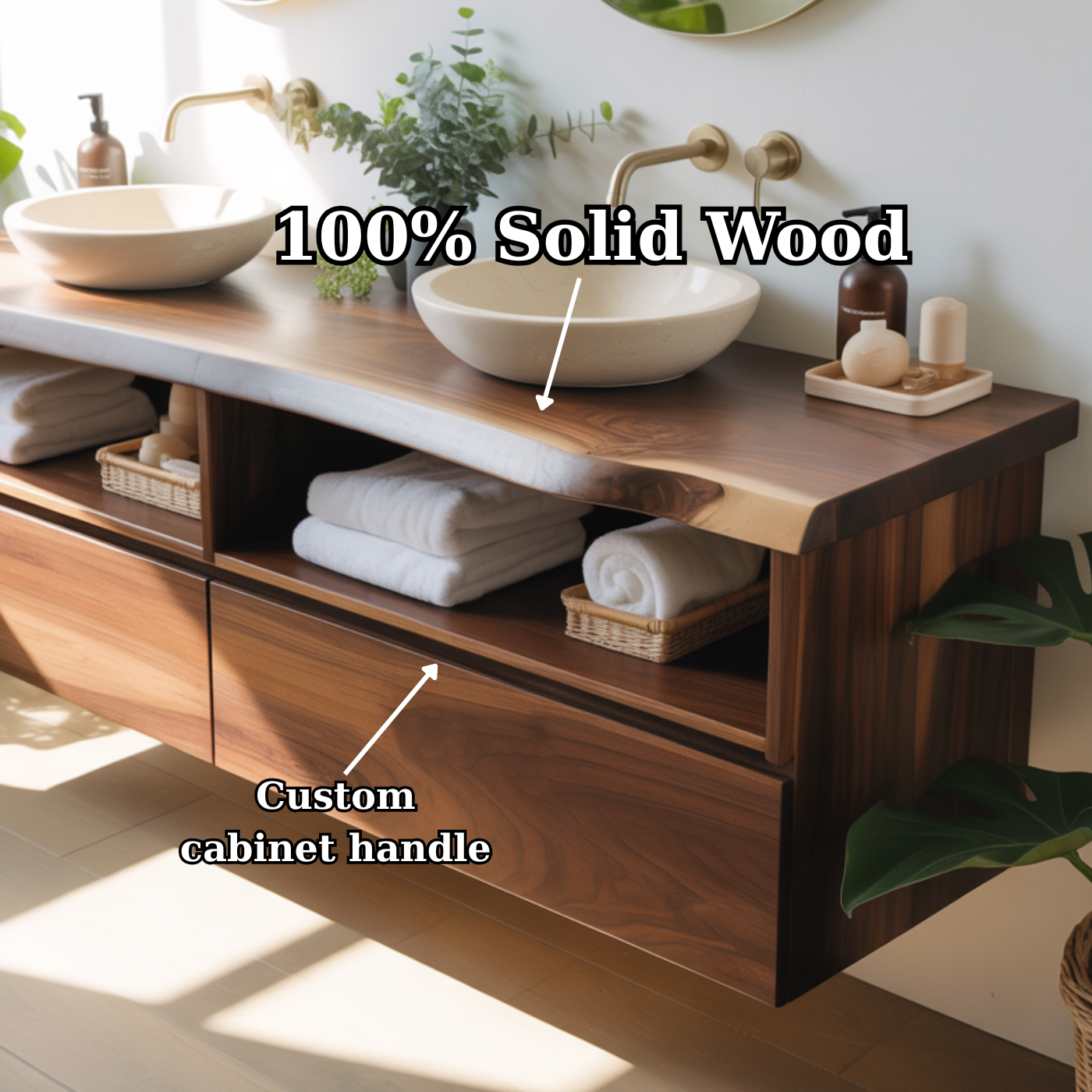 Handcrafted Solid Wood Floating Bathroom Vanity with Open Shelves & Soft-Close Drawers Lynnsnail