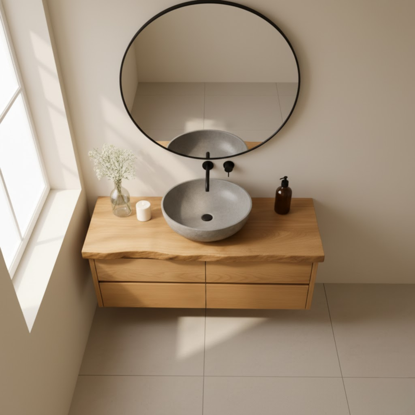 Handcrafted Solid Wood Floating Bathroom Vanity with Live Edge Top - Minimalist Modern Design Lynnsnail