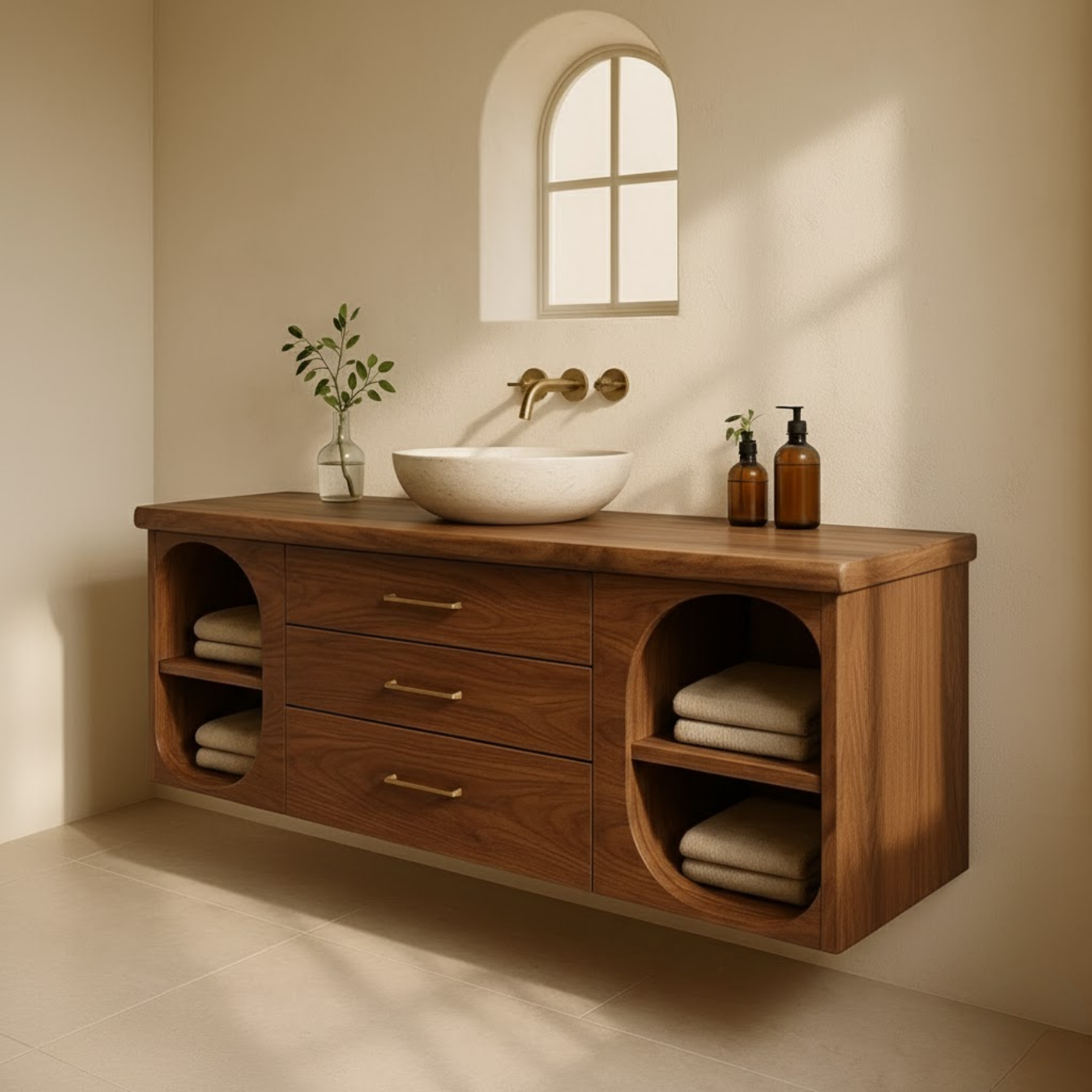 Handcrafted Solid Wood Floating Vanity - Modern Wall-Mounted Cabinet with Arches Lynnsnail