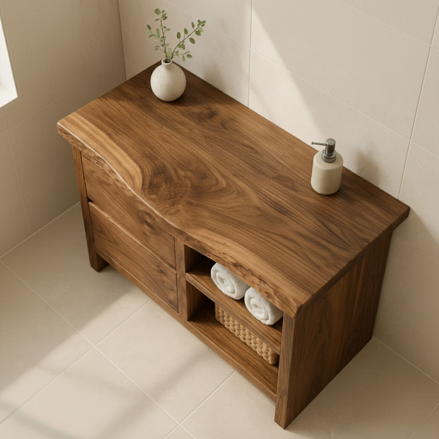 Handcrafted Solid Wood Bathroom Vanity - Rustic Drawers & Open Shelf Lynnsnail