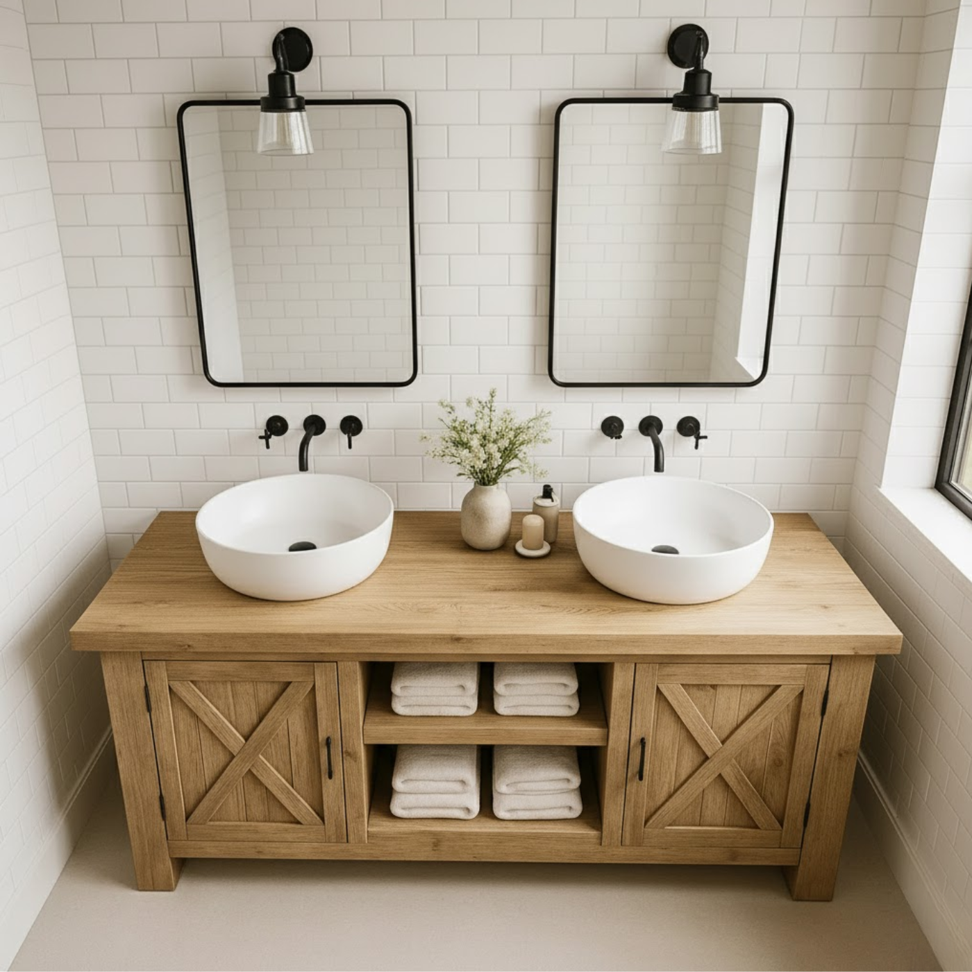 Handcrafted Solid Wood Bathroom Vanity - Farmhouse Double Sink Cabinet - Rustic Oak Storage Furniture Lynnsnail