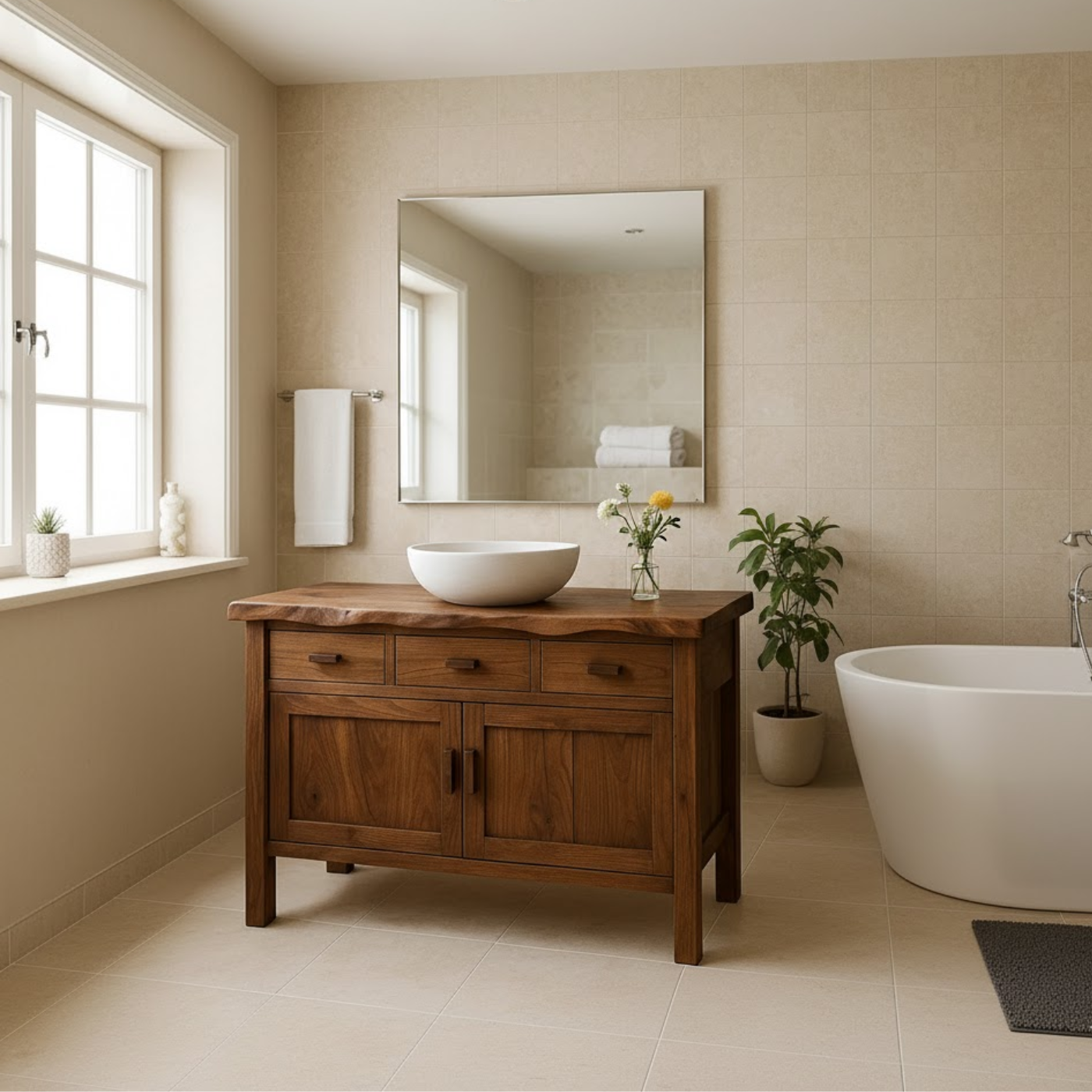 Handcrafted Solid Wood Bathroom Vanity - Live Edge Top, 3 Drawers & Double Door Cabinet Lynnsnail