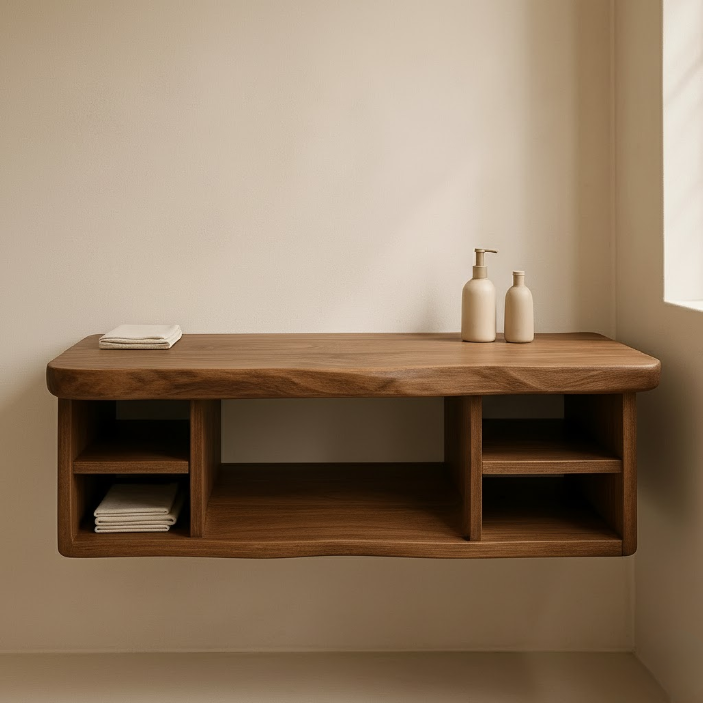 Handcrafted Solid Wood Floating Vanity - All Open Live Edge Console with Display Shelves Lynnsnail