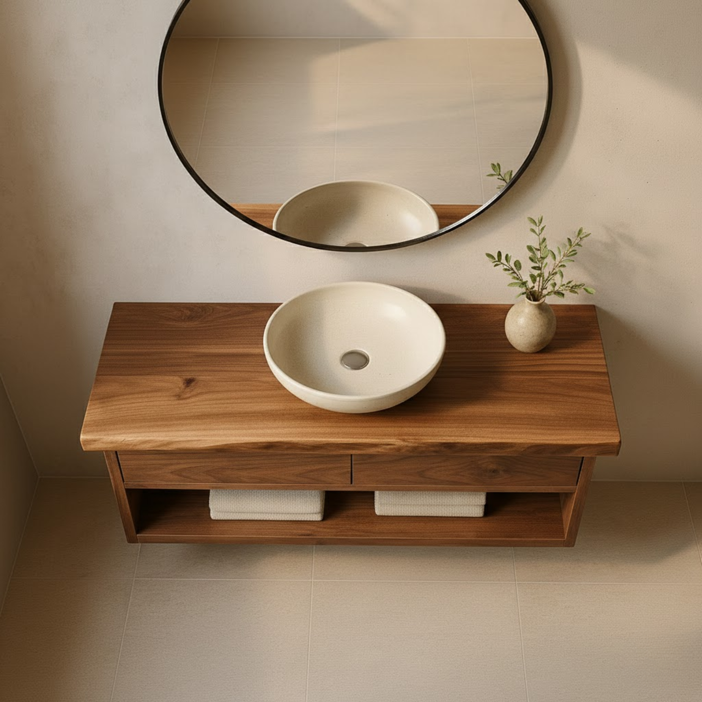 Handcrafted Solid Wood Floating Vanity - Live Edge Walnut with 2 Drawers & Open Shelf Lynnsnail