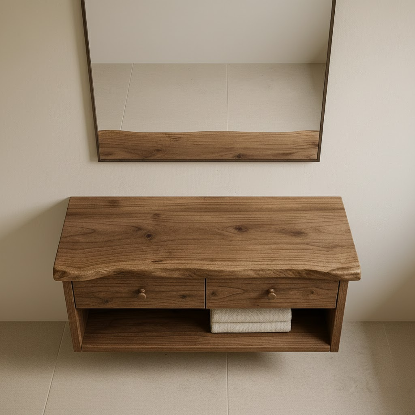 Handcrafted Solid Wood Floating Vanity - Live Edge Walnut Console with 2 Drawers & Open Shelf Lynnsnail