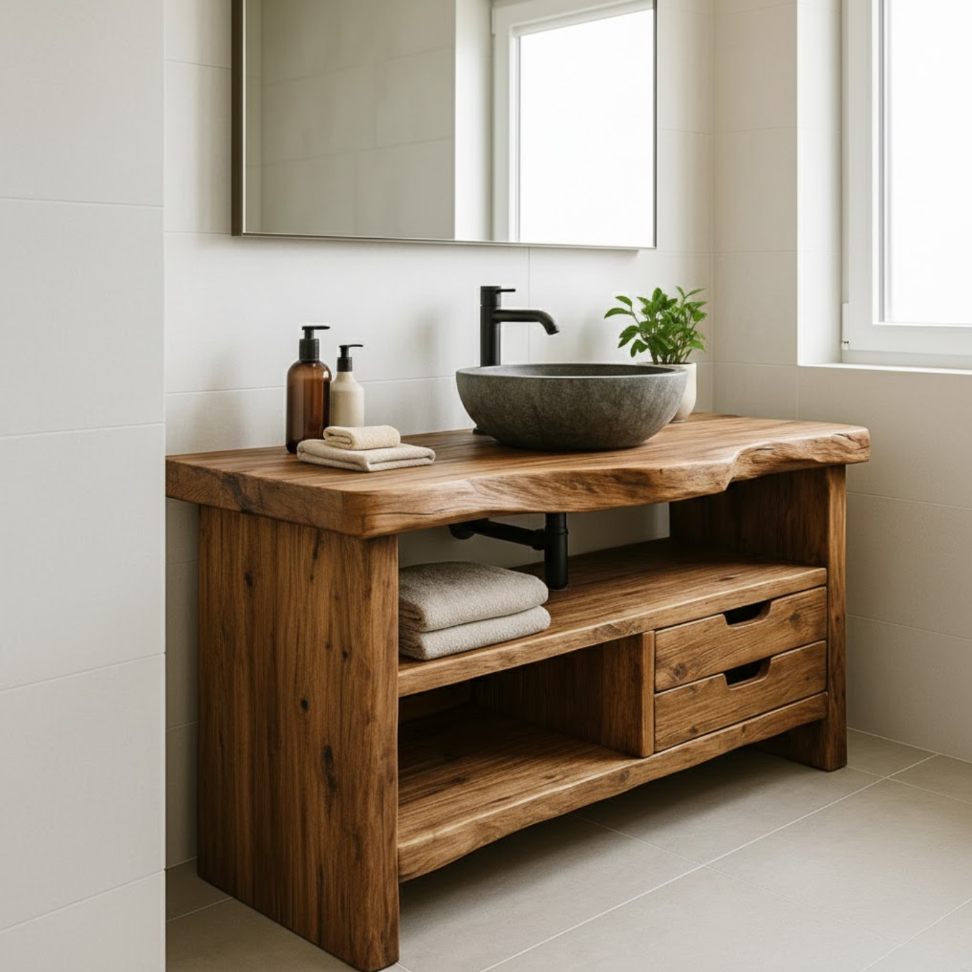 Handcrafted Solid Wood Bathroom Vanity, Rustic Live Edge Console with Storage Lynnsnail