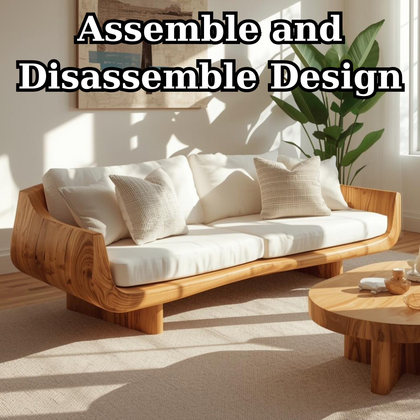 Handcrafted Solid Wood Sofa – Modern Curved Frame with Linen Cushions and Natural Finish Lynnsnail