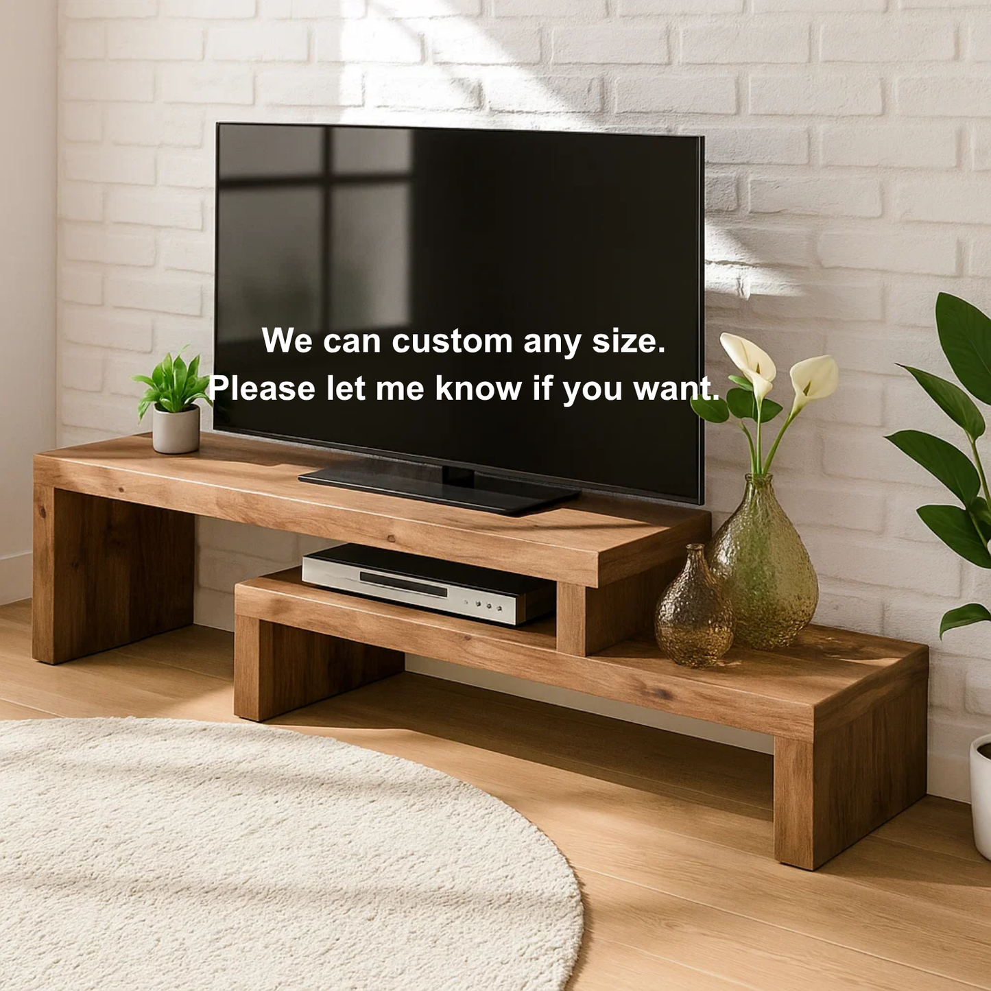 Handcrafted Solid Wood TV Stand – Modern Zen Media Console with Asymmetrical Two-Level Design and Natural Finish Lynnsnail