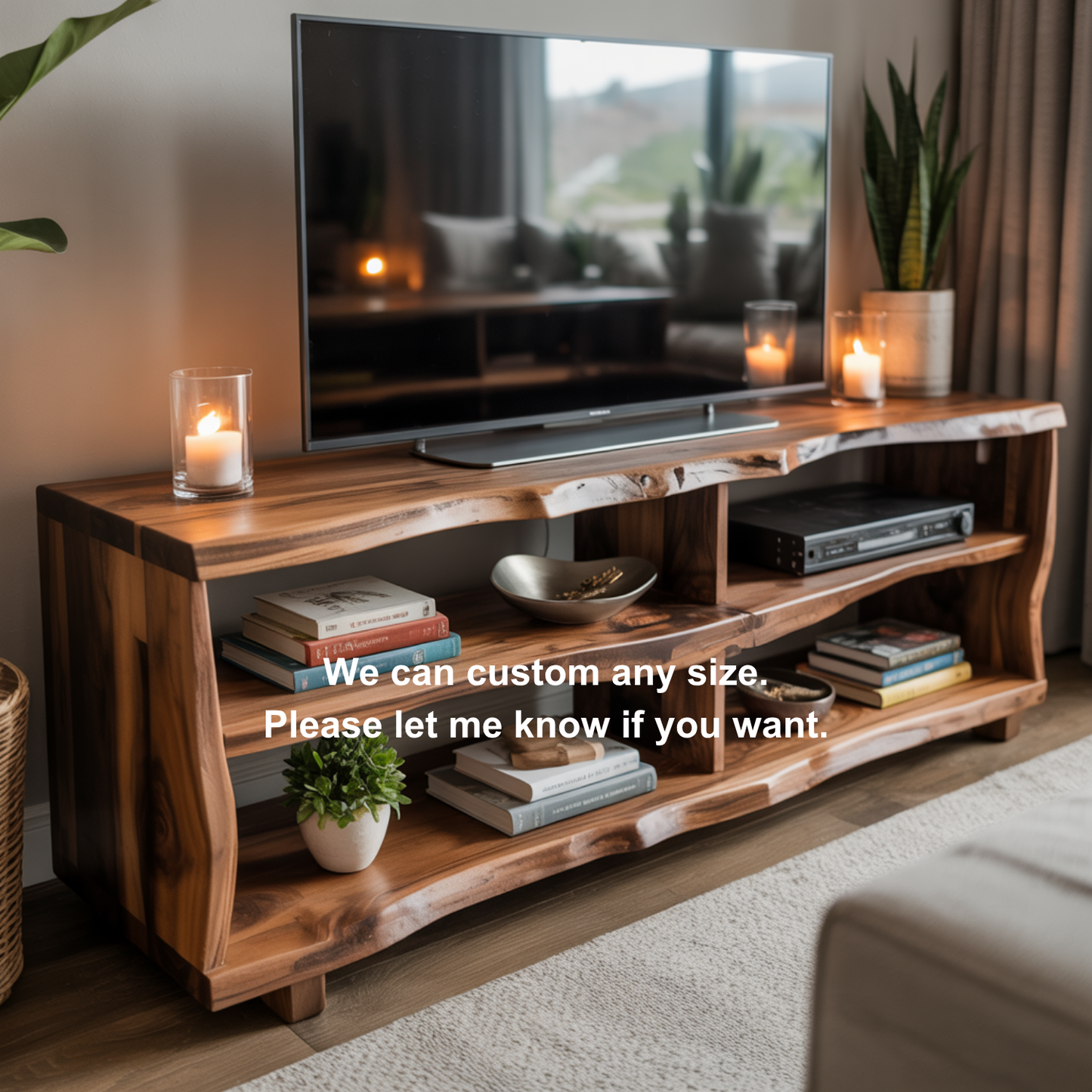 Rustic Live Edge Solid Wood TV Stand – Handcrafted Organic Media Console with 4 Open Shelves for Modern Living Spaces Lynnsnail