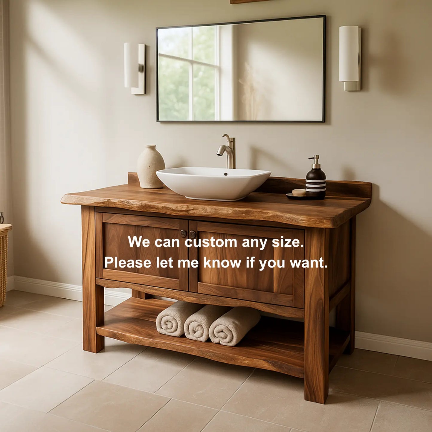 Handcrafted Solid Wood Bathroom Vanity – Rustic Live Edge Design with Open Shelf Storage Lynnsnail