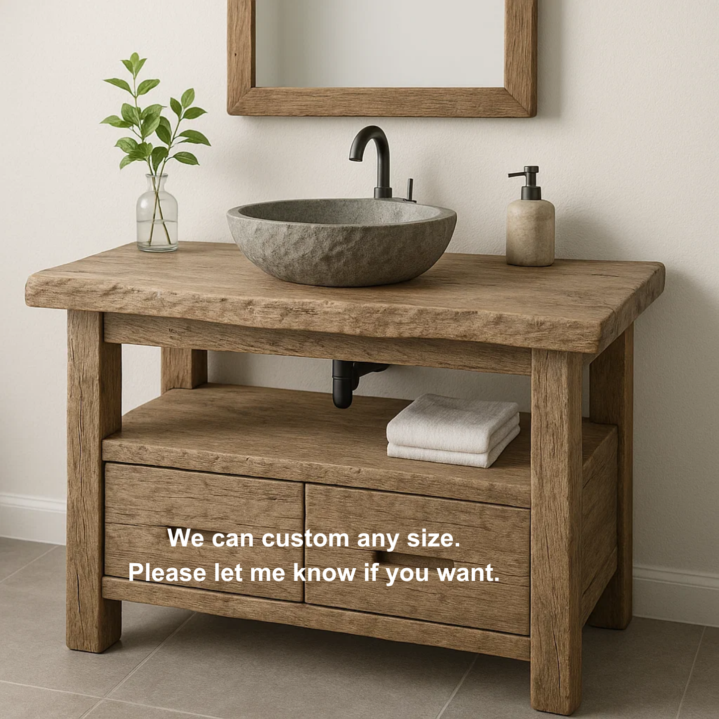 Handcrafted Solid Wood Bathroom Vanity – Rustic Live Edge Base with Drawers and Open Shelf Lynnsnail