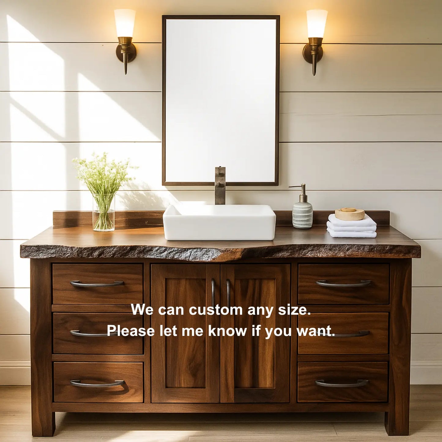 Handcrafted Solid Wood Bathroom Vanity – Live Edge Rustic Base with 6 Drawers and Double Door Cabinet Lynnsnail