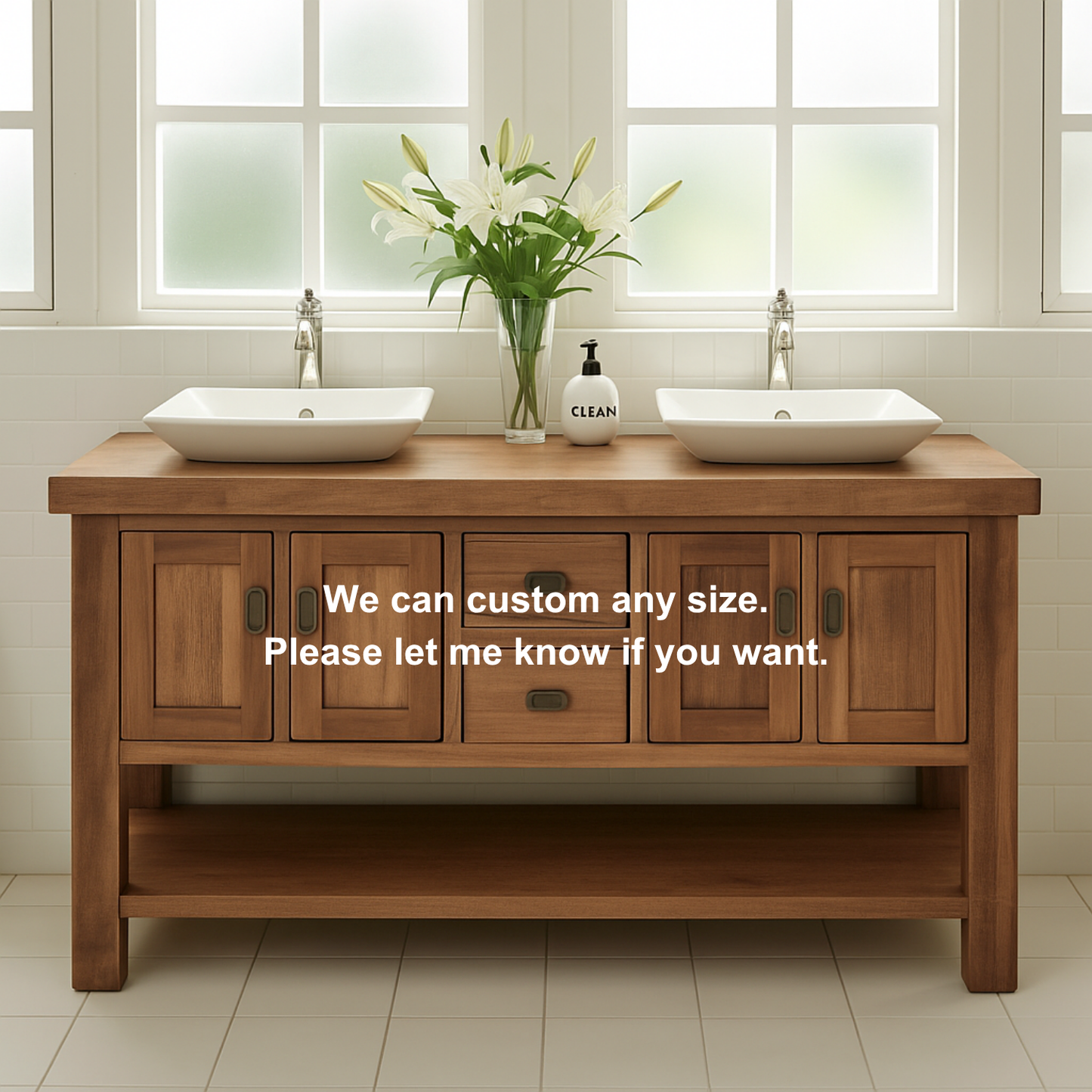 Handcrafted Solid Wood Double Bathroom Vanity – Rustic Base with Center Drawers and Open Shelf Lynnsnail