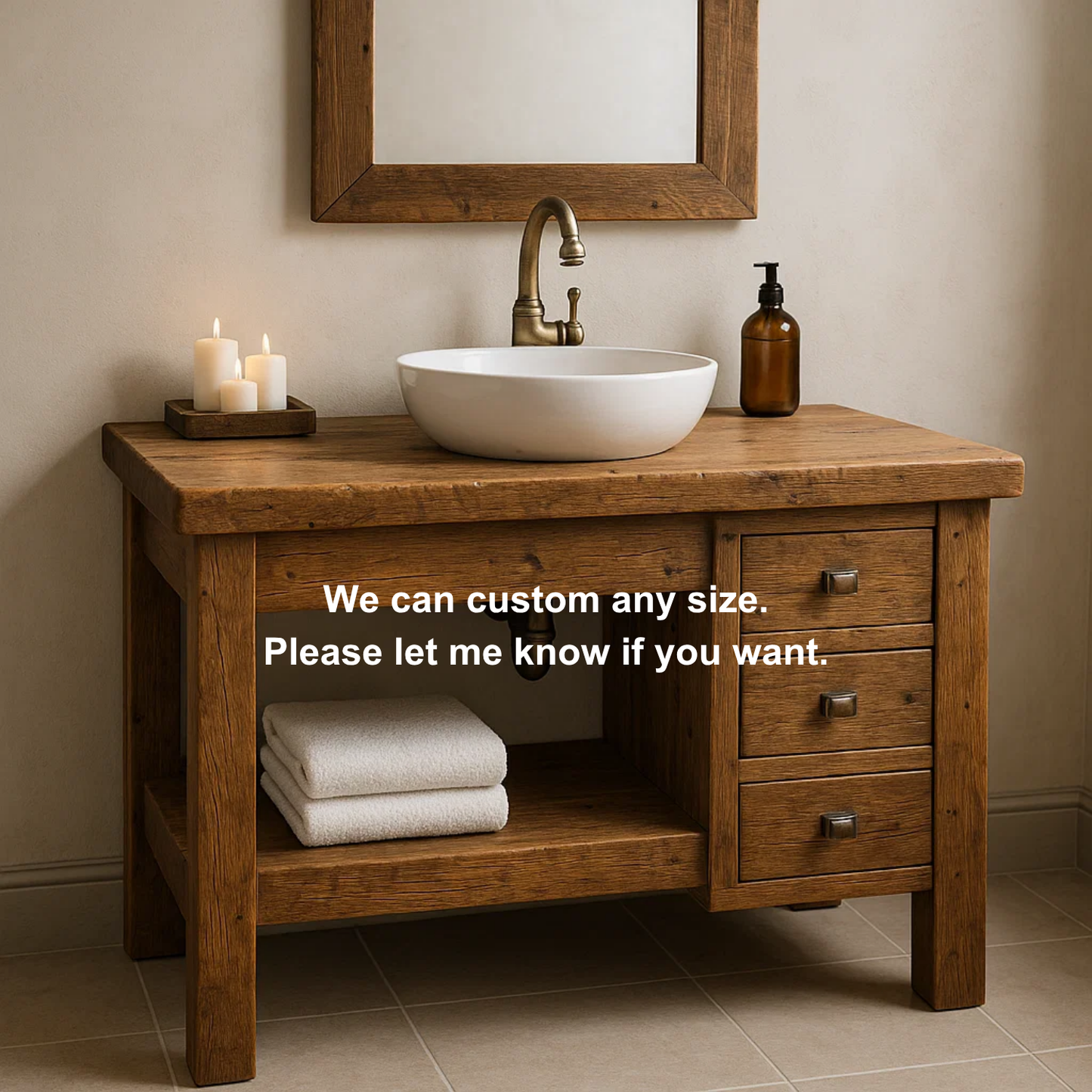 Handcrafted Solid Wood Bathroom Vanity – Rustic Base with Side Drawers and Open Shelf Lynnsnail