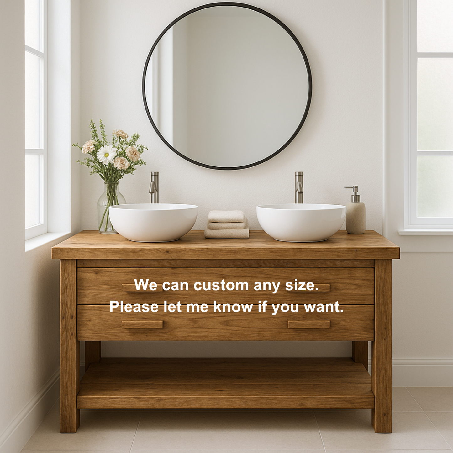 Handcrafted Solid Wood Double Bathroom Vanity – Scandinavian Rustic Base with 2 Drawers and Open Shelf Lynnsnail
