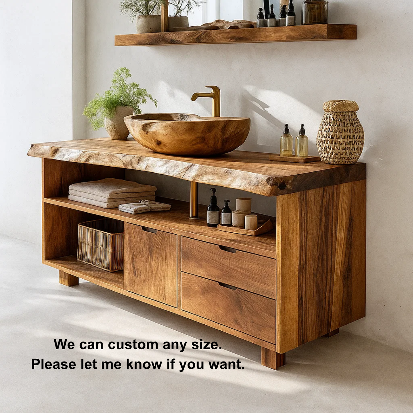 Handcrafted Solid Wood Live-Edge Vanity Base – Organic Modern Bathroom Console with Shelves and Drawers Lynnsnail