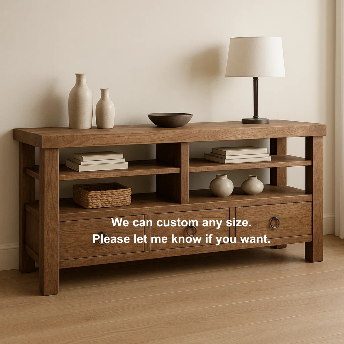 Handcrafted Solid Wood Console Table – Rustic Open Shelf Design with Drawers and Natural Finish Lynnsnail