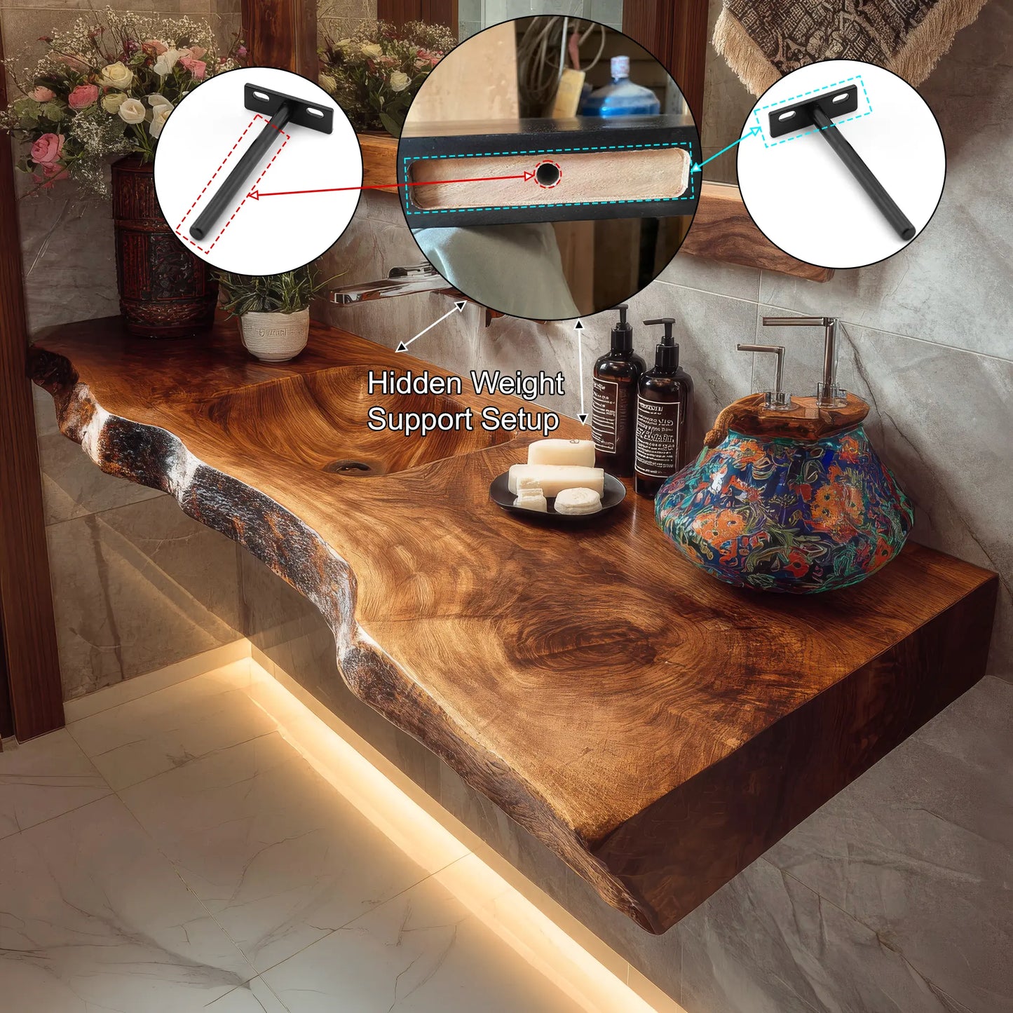 Kavero Handcrafted Live Edge Solid Wood Floating Bathroom Vanity with Integrated Sink SPA183672 Lynnsnail