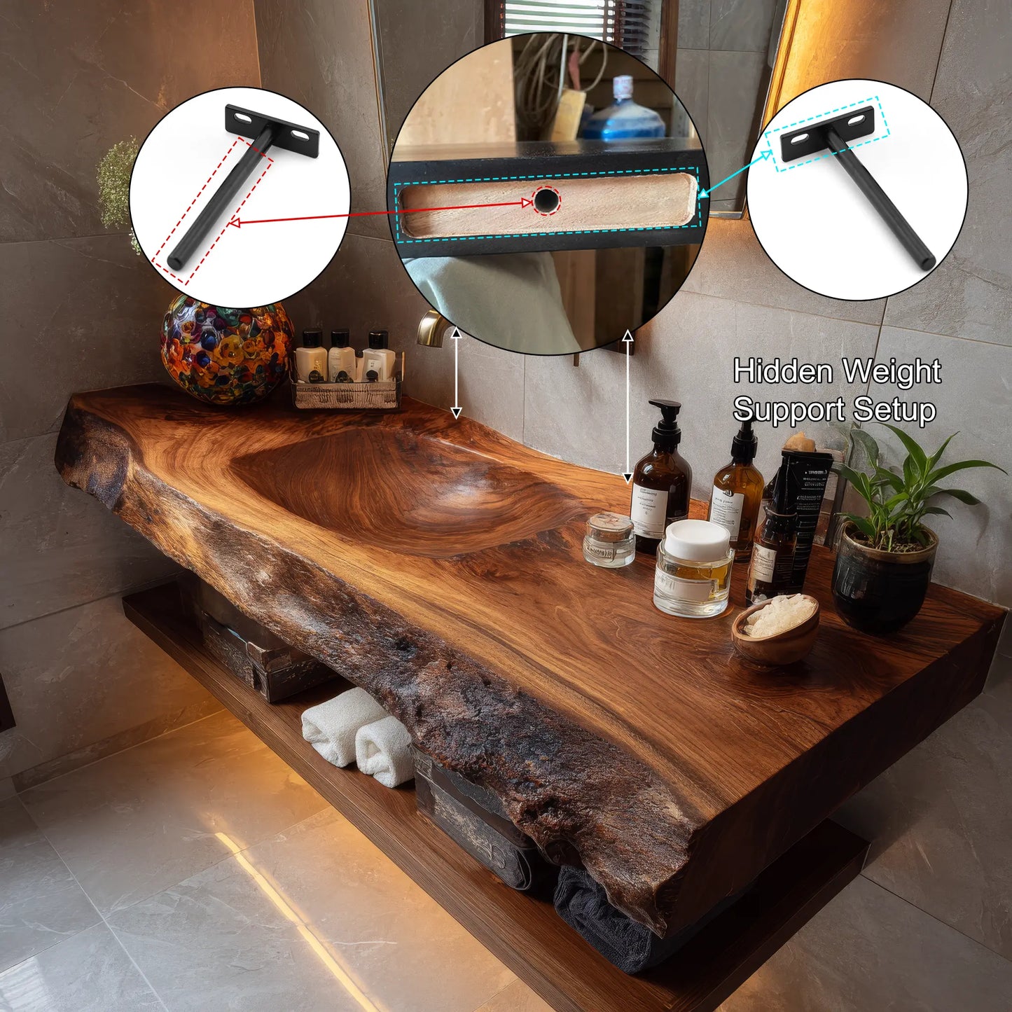 Orvello Handcrafted Live Edge Solid Wood Floating Bathroom Vanity with Integrated Sink SPA361872 Lynnsnail
