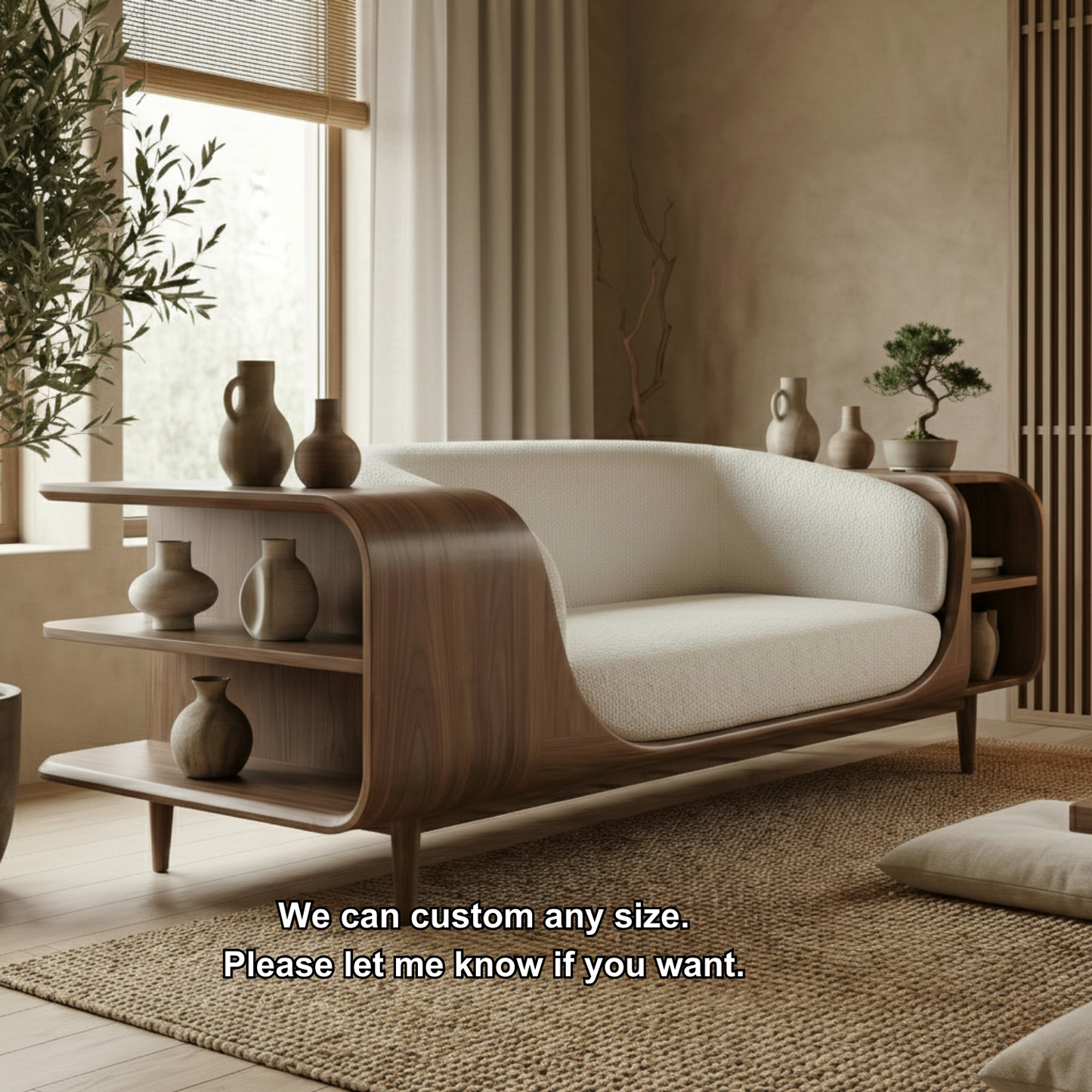 Handcrafted Solid Wood Organic Modern Sofa with Integrated Side Storage Shelves Lynnsnail