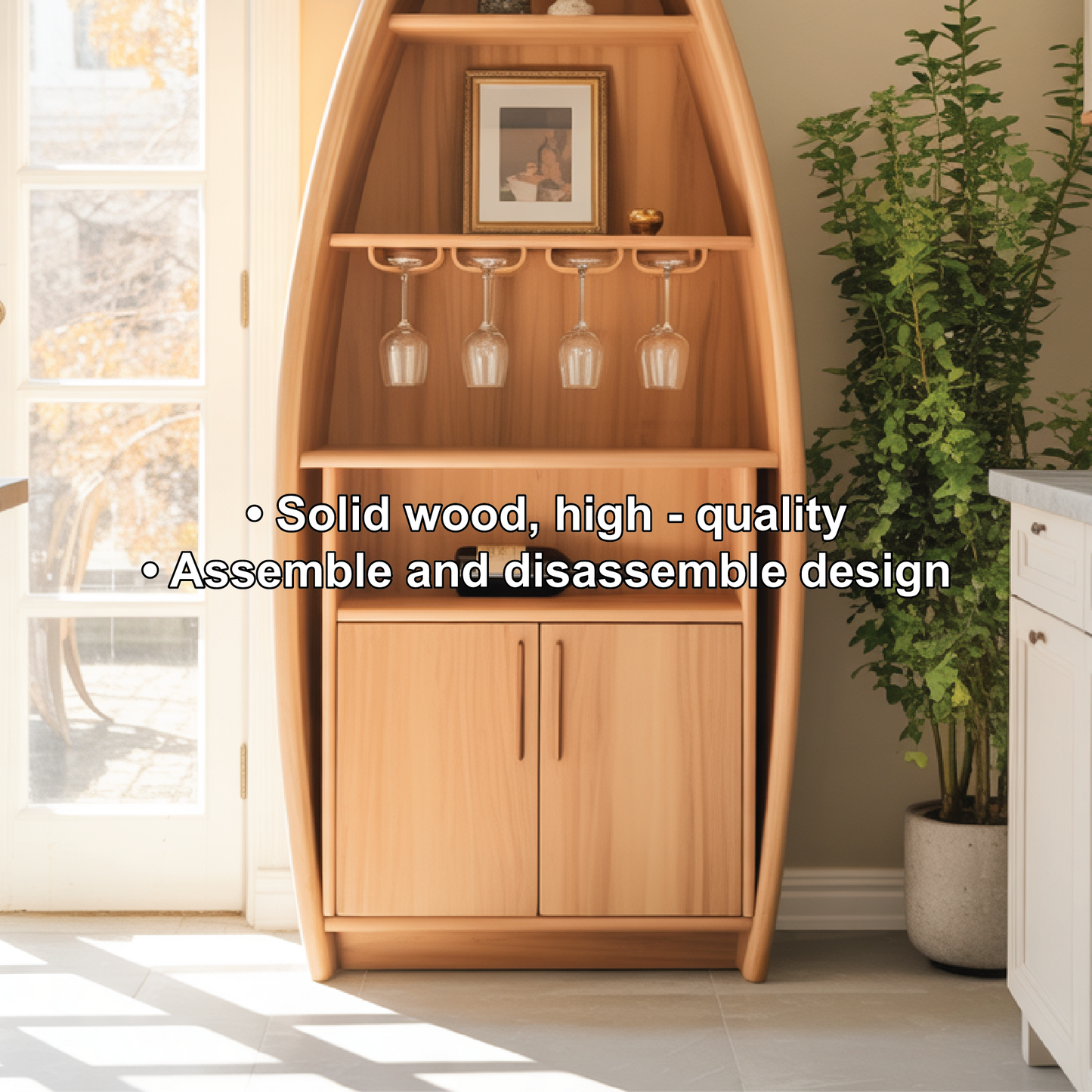 Handcrafted Solid Wood Boat-Shaped Dining Cabinet with Glass Rack and Lower Storage Doors Lynnsnail