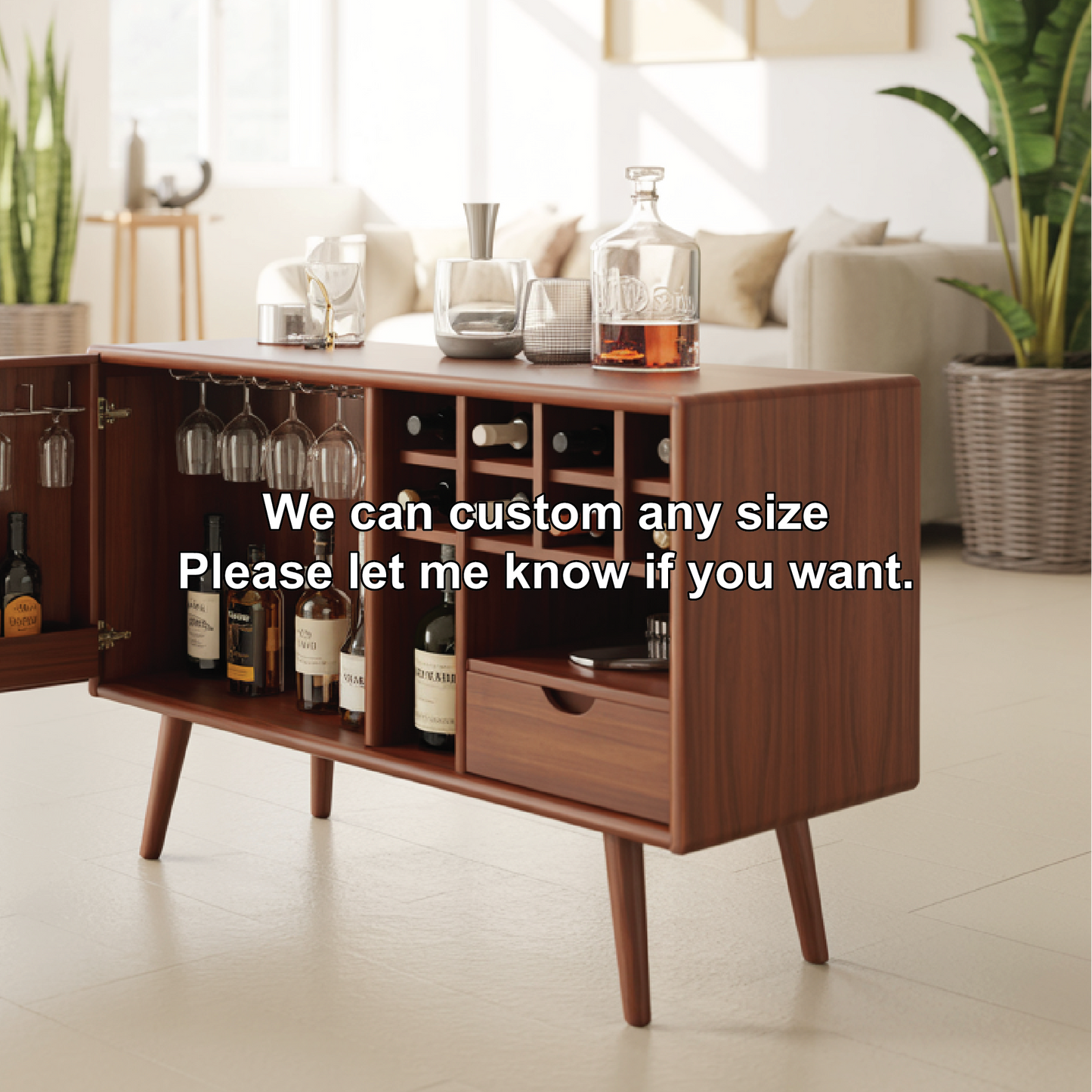 Solid Wood Wine Storage Cabinet with Glass Holders, Bottle Racks and Modern Mid-Century Design Lynnsnail