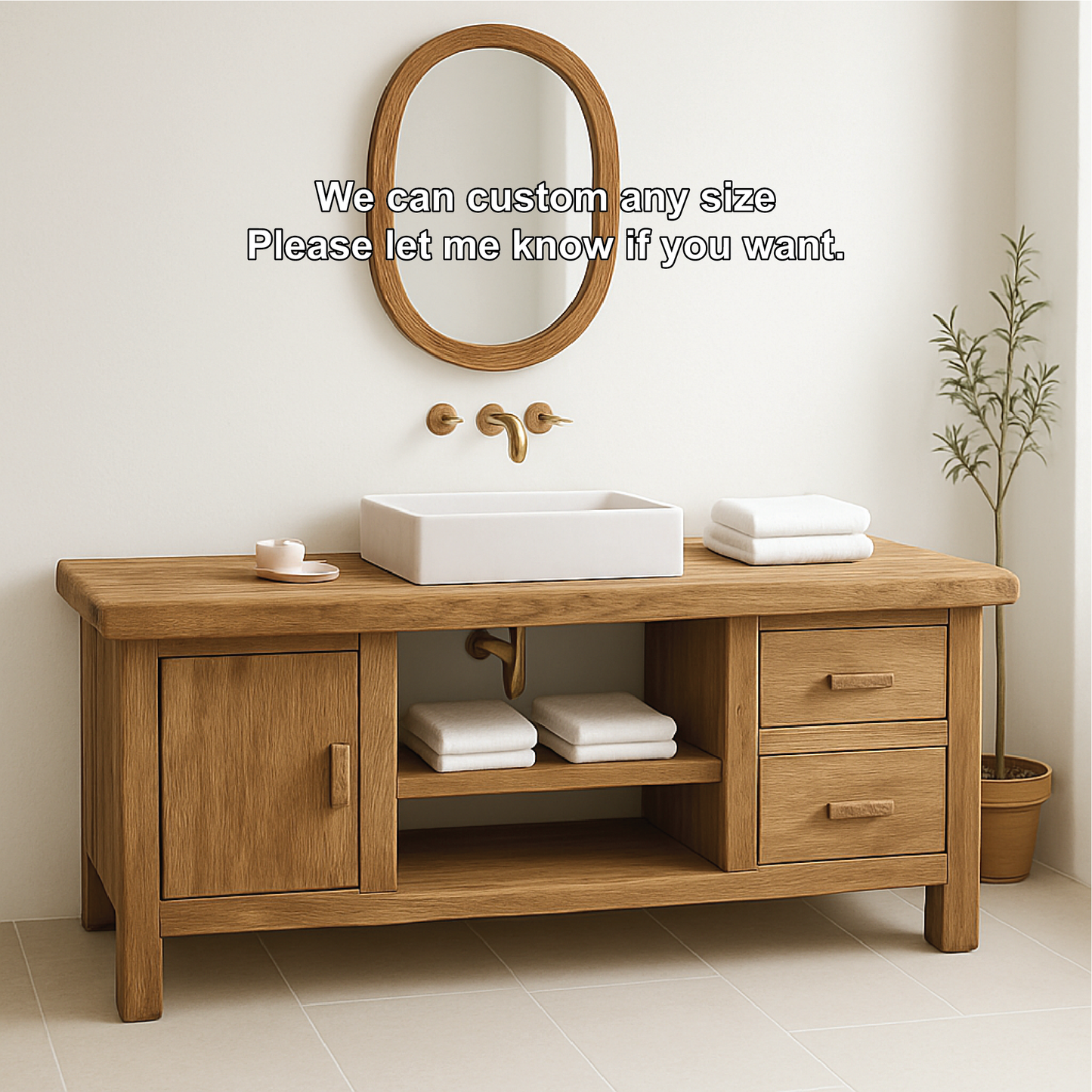 Handcrafted Solid Wood Bathroom Vanity with Drawers and Cabinet in Minimalist Natural Finish Lynnsnail